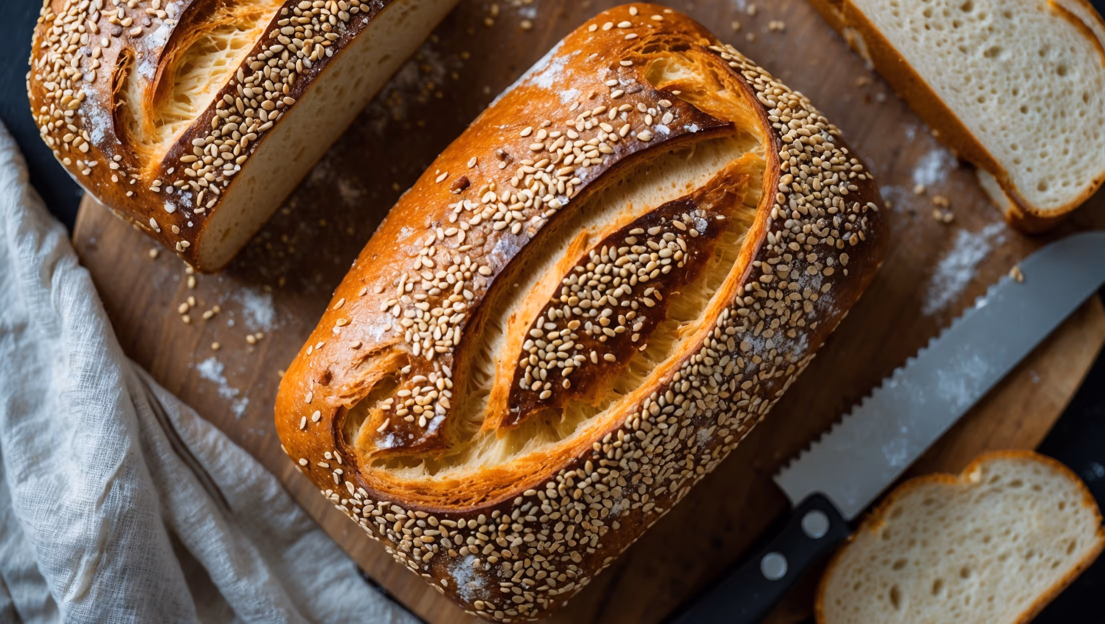 An overhead shot of a freshly baked loaf of sesame seed topped sandwich bread, its golden-brown crust glistening under soft natural light. A cross-section view reveals the soft, even crumb structure with tiny air pockets throughout. The loaf sits on a wooden cutting board with a serrated knife nearby and a few slices already cut, showing the perfect sandwich-ready texture. The surface is generously covered with toasted sesame seeds that contrast beautifully against the amber crust, while a light dusting of flour adds a rustic touch. A linen cloth partially frames the bread, suggesting homemade warmth and care.