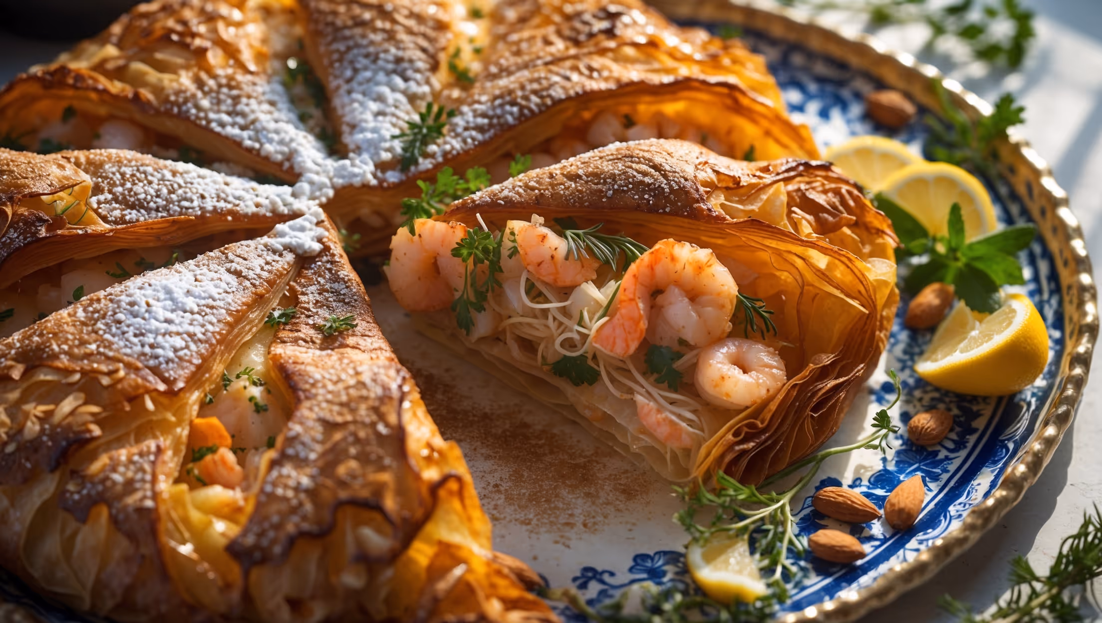 An overhead shot of a golden-brown seafood bastilla, its phyllo crust shimmering with a dusting of powdered sugar and cinnamon, creating a striking pattern against the warm amber tones. A slice has been removed to reveal the succulent seafood filling studded with vibrant herbs and delicate vermicelli noodles. The bastilla rests on an ornate ceramic platter with intricate blue patterns, surrounded by fresh herb sprigs, lemon wedges, and scattered almonds. Soft natural light filters through, highlighting the flaky, multi-layered texture of the pastry and the steam gently rising from the freshly cut section.