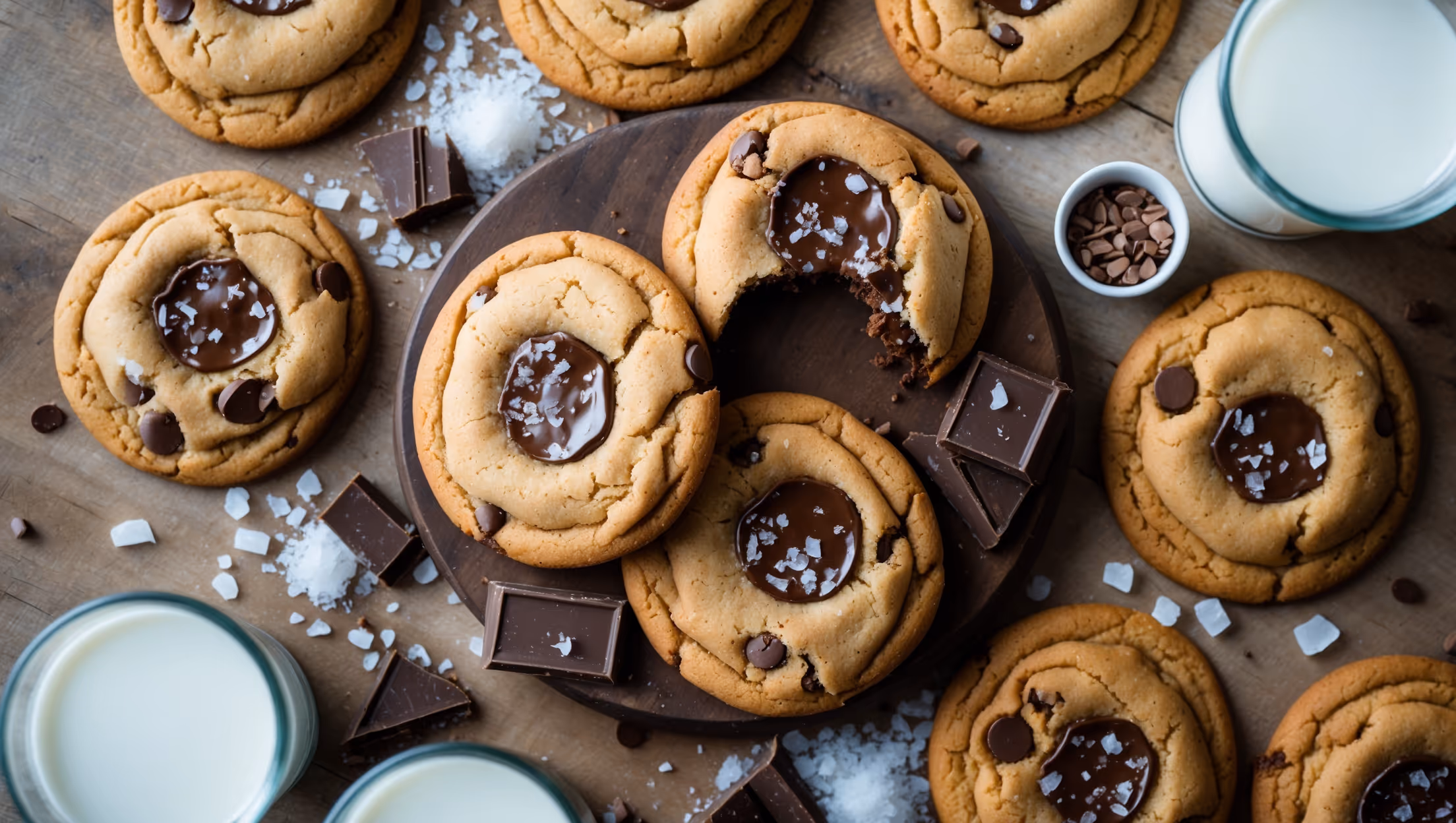 An overhead shot of perfectly golden-brown sea salt chocolate chip cookies arranged on a rustic wooden board, some whole and some broken to reveal the gooey chocolate centers. The cookies are photographed in soft natural light that highlights their textural contrast—crisp, crackly edges and soft, melty middles. Scattered chocolate chunks and visible flakes of sea salt glisten on the surface, creating an appealing visual sparkle. Several glasses of milk sit partially in frame, along with a small bowl of flaky sea salt and scattered chocolate pieces, emphasizing the key flavor components. The warm bronze tones of the cookies contrast beautifully with the cool white milk and crystalline salt, creating a composition that's simultaneously homey and elegant.
