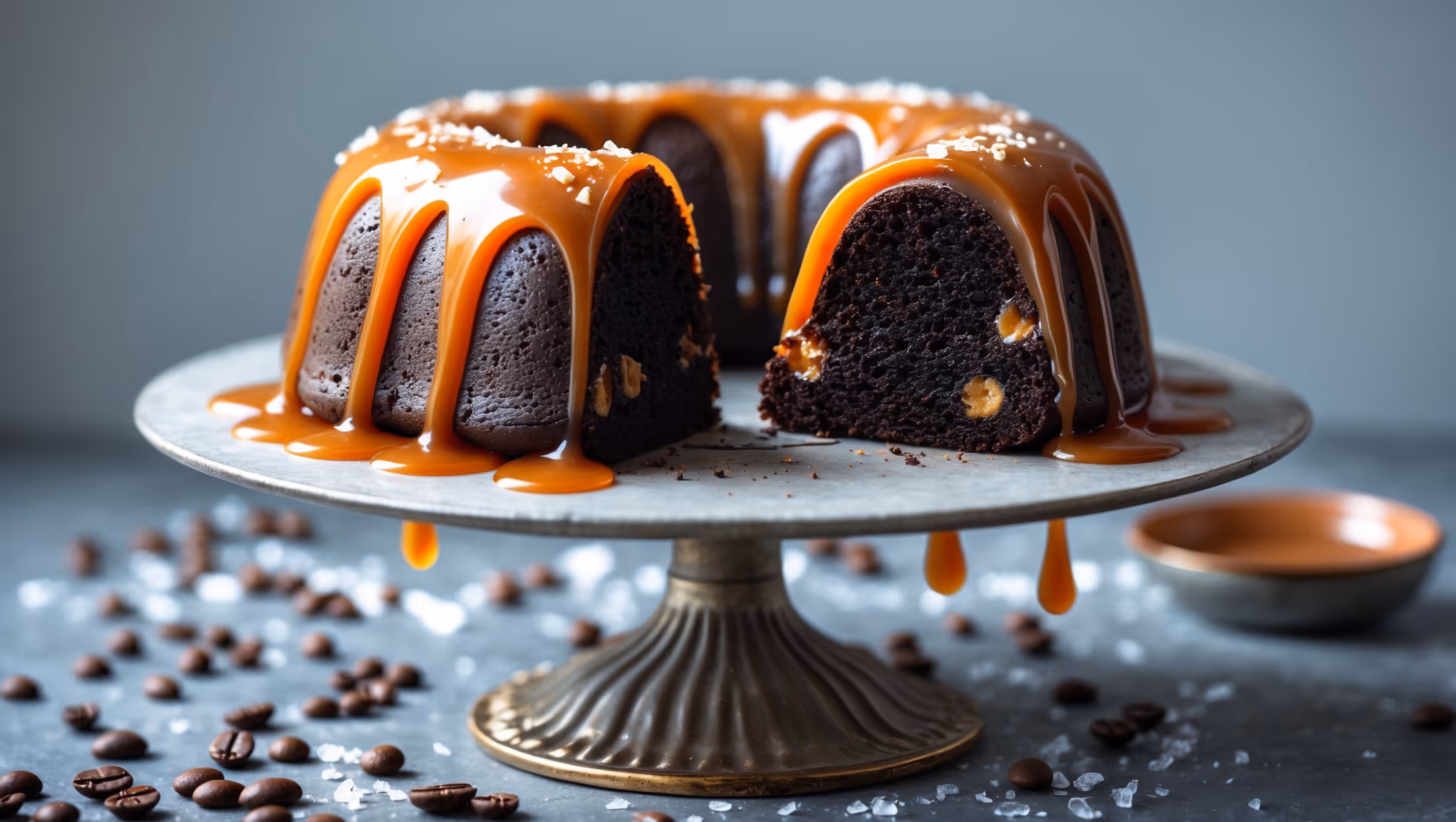 An elegant bundt cake photographed from a slight angle to showcase its perfect ridges and valleys, each collecting pools of glossy, amber-hued salted caramel dripping down the sides. The cross-section view reveals a moist, dark chocolate crumb with delicate coffee notes and surprise pockets of caramel throughout. Captured in soft natural light on a vintage cake stand with scattered coffee beans and flakes of sea salt creating visual texture around the base. The contrast between the deep chocolate cake, golden caramel drizzle, and crystalline salt flakes creates a striking color palette, enhanced by the mocha ganache that coats the top with its silky sheen.