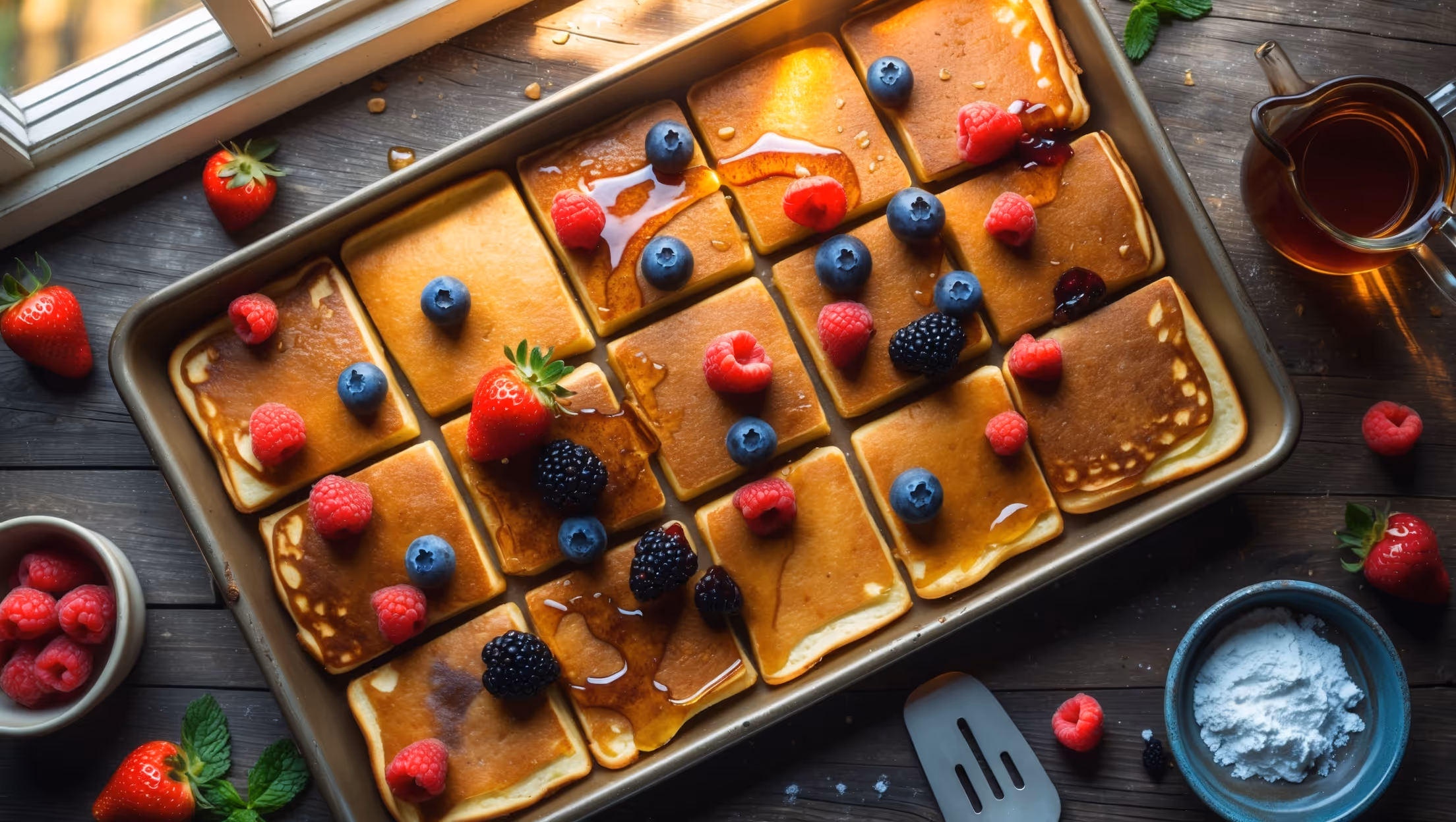 An overhead shot of a rectangular sheet pan filled with golden-brown sheet pan pancakes cut into perfect squares, revealing their fluffy interior. The pancakes are garnished with an assortment of fresh berries—vibrant red strawberries, plump blueberries, and raspberries—scattered artfully across the surface. A drizzle of amber maple syrup cascades down the sides, catching the soft morning light streaming through a nearby window. In the corner of the frame, a vintage pitcher of syrup and a small bowl of powdered sugar wait alongside a spatula. The rustic wooden table beneath features scattered fresh fruit and a few sprigs of mint, enhancing the inviting weekend breakfast atmosphere.