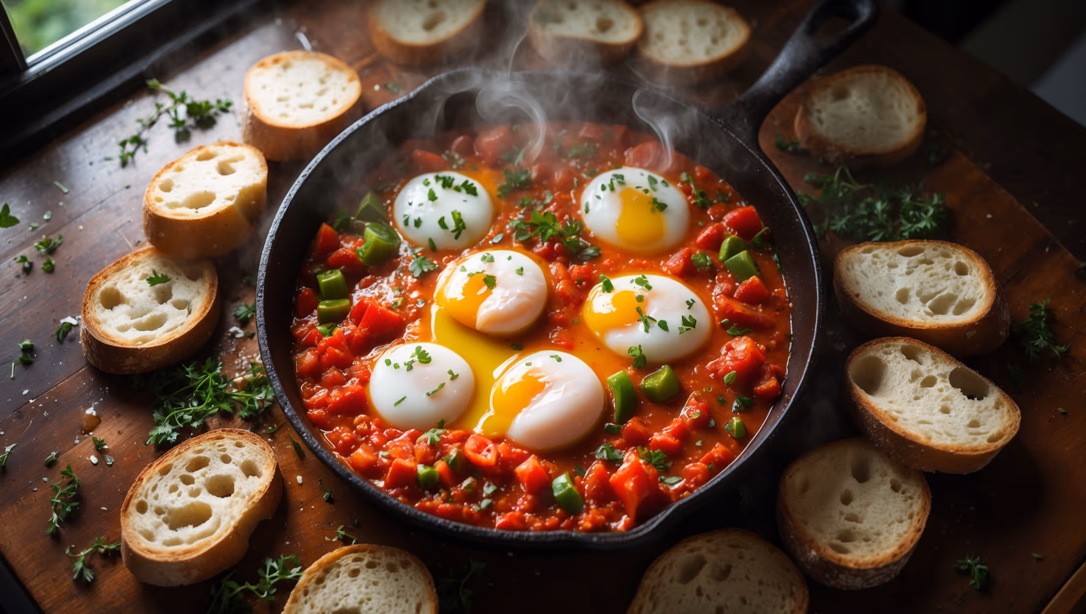 An overhead shot of a rustic cast-iron skillet filled with vibrant red shakshuka, where perfectly poached eggs with glossy whites and runny yolks nestle in a chunky tomato sauce speckled with red and green bell peppers. Steam rises gently from the dish, captured in soft natural morning light streaming through a kitchen window. Scattered fresh herbs add bright green accents against the rich sauce, while crusty sourdough slices border the skillet, ready for dipping. The composition emphasizes the home-cooked comfort of the dish, with olive oil drizzled across the top creating glistening highlights.