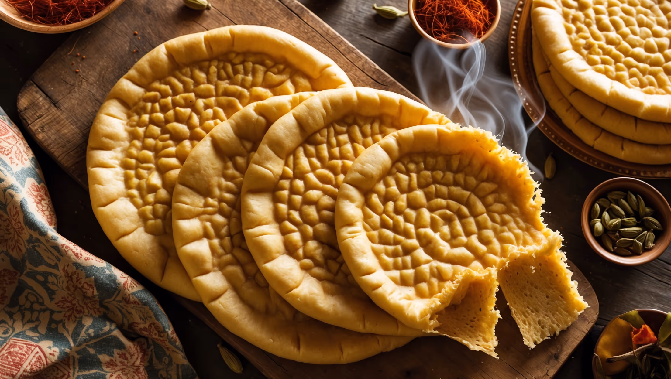Overhead shot of golden-orange Sheermal flatbreads arranged slightly overlapping on a rustic wooden board, with one piece torn to reveal the soft, pillowy interior texture. The warm-toned natural lighting accentuates the bread's signature saffron hue and creates gentle shadows highlighting the distinctive pattern pressed onto each flatbread's surface. A small bowl of saffron strands, a sprinkle of nigella seeds, and a drizzle of ghee add vibrant color contrast, while wisps of steam rise from the freshly baked bread suggesting its warmth. The styling includes traditional copper serveware, a vintage patterned cloth, and scattered whole cardamom pods that hint at the aromatic flavors in this culturally significant bread.