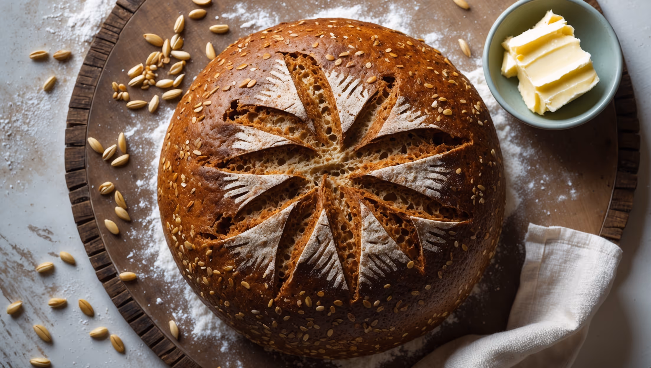 An overhead shot of a freshly-baked round loaf of Seven Grain Bread with a deep golden-brown crust scored with decorative slashes. The cross-section reveals a moist, hearty crumb studded with visible whole grains and seeds creating an appealing textural mosaic. The bread rests on a weathered wooden board dusted with flour, with scattered whole grains artfully placed nearby. Shot in soft morning light that highlights the bread's rustic character, deep crevices, and contrasting textures. A linen napkin and small dish of butter sit alongside, suggesting the simple pleasure of enjoying a slice while still warm.