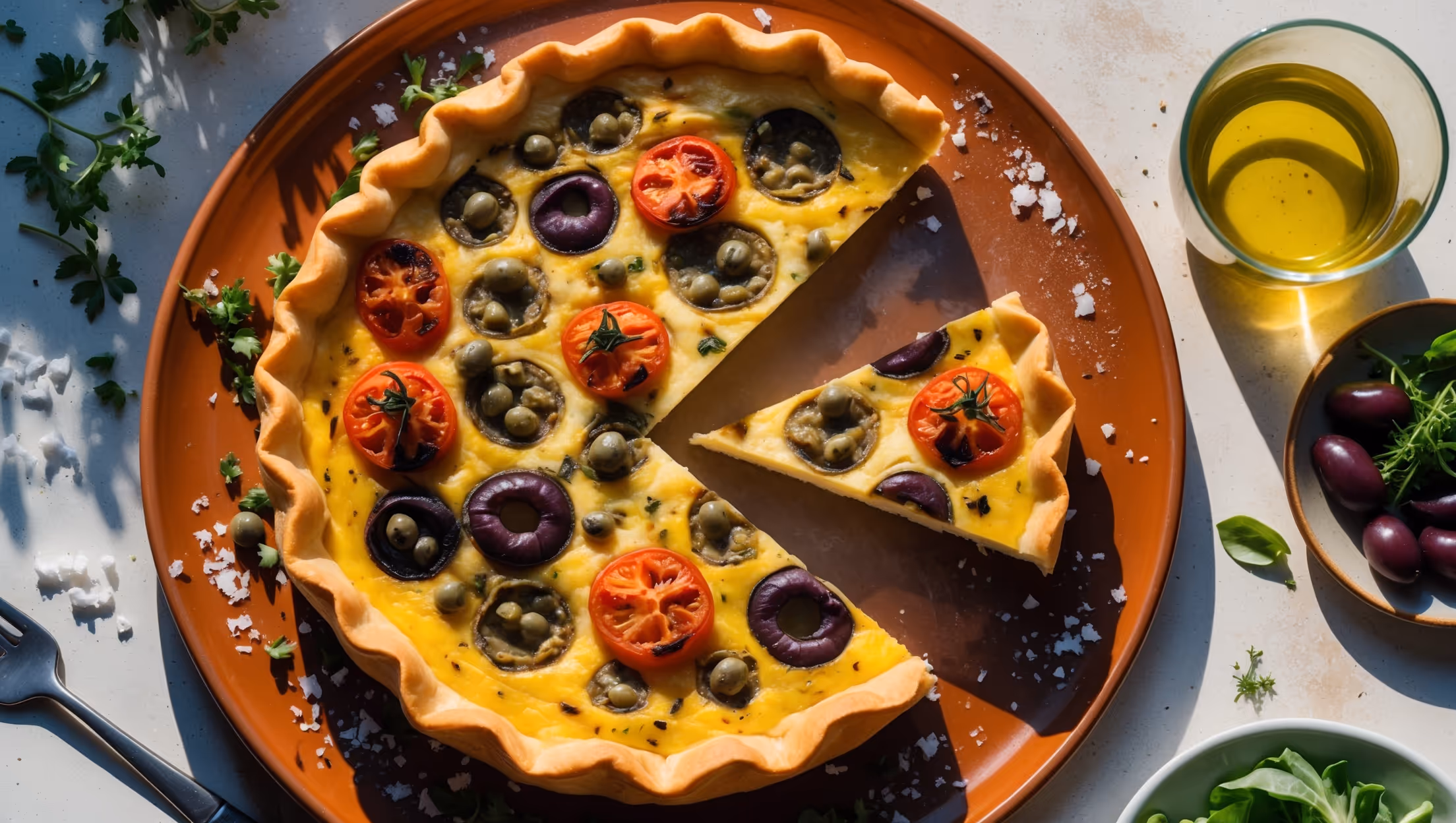 An overhead view of the golden-brown Sicilian Quiche, its surface attractively mottled with charred cherry tomatoes, green capers, and purple-black olives peeking through the just-set custard filling. A cross-section slice stands upright, revealing the flaky, butter-rich pastry and creamy layers studded with Mediterranean ingredients. Captured in warm afternoon light on a rustic terracotta serving plate, surrounded by scattered fresh herbs, sea salt flakes, and a drizzle of olive oil that catches the light. A small dish of extra capers and sliced olives sits nearby, alongside a glass of chilled white wine and a simple green salad, evoking the casual elegance of Sicilian dining.