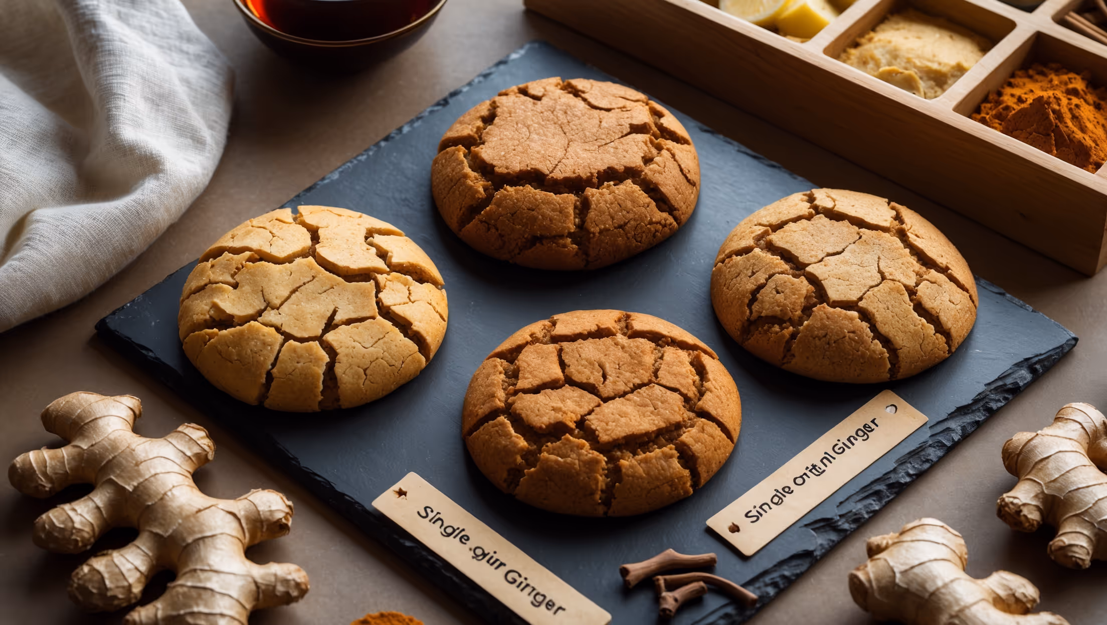 An overhead shot of four distinct ginger cookies arranged on a matte black slate board, each positioned alongside its corresponding whole spice element. Golden-brown cookies with crackled tops catch the soft natural light, highlighting their various textures—some more rustic, others smoother with visible spice flecks. A small label sits beside each cookie identifying its single-origin ginger. In the background, a wooden box with divided compartments contains the raw ginger varieties: crystallized chunks, dried slices, ginger powder, and fresh root. A linen napkin and small cup of spiced tea complete the styled composition, suggesting a proper tasting experience rather than casual snacking.