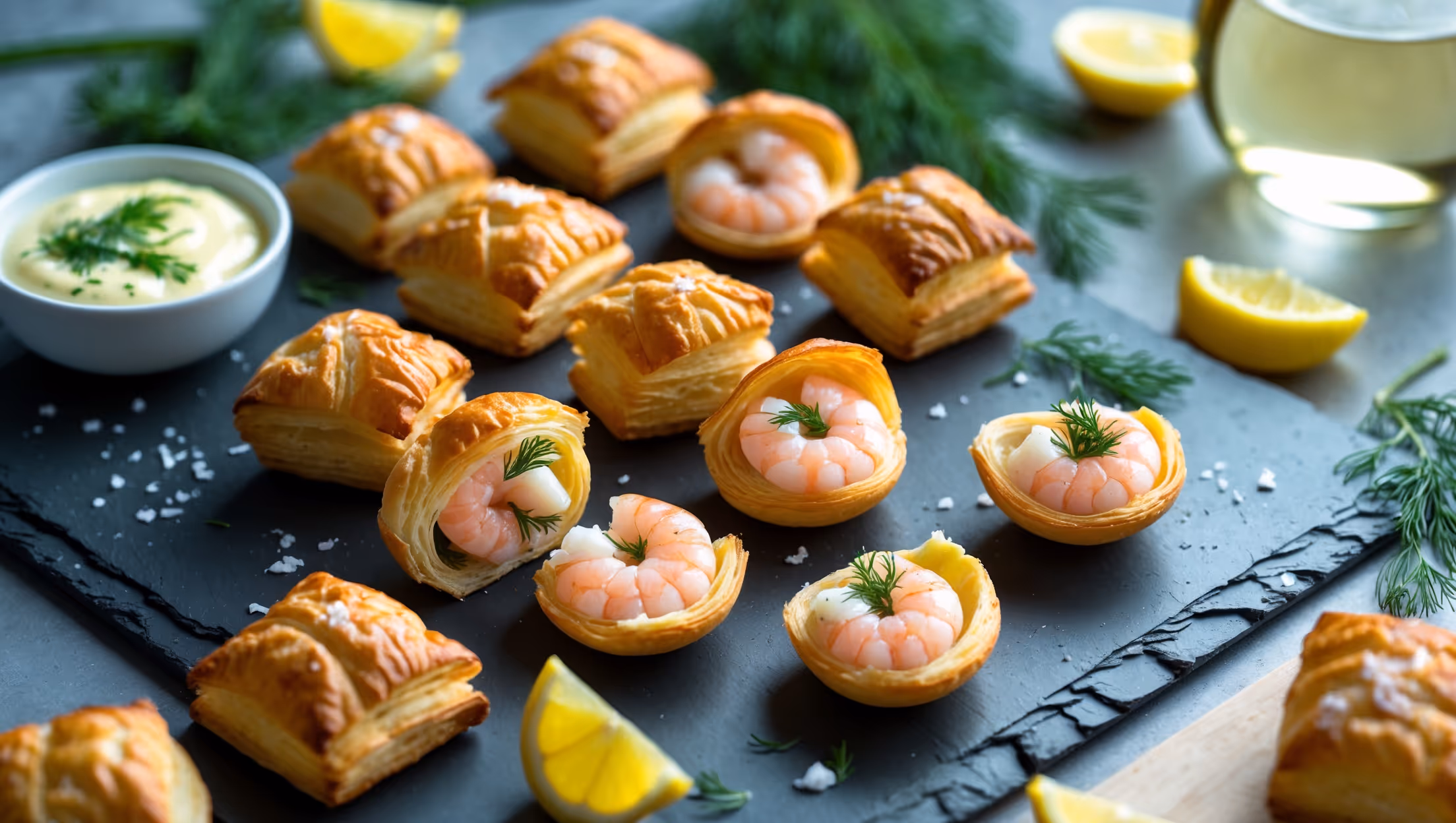 An overhead shot of golden-brown puff pastry bites arranged on a slate serving board, with several cut open to reveal the creamy pink shrimp filling studded with bright green dill. Shot in soft natural light that highlights the flaky, multilayered pastry texture, with a light dusting of sea salt visible on top. In the background, a small bowl of lemon aioli for dipping, a scatter of fresh dill sprigs, and lemon wedges add vibrant color contrast. A glass of chilled white wine sits partially in frame, suggesting the perfect appetizer pairing.