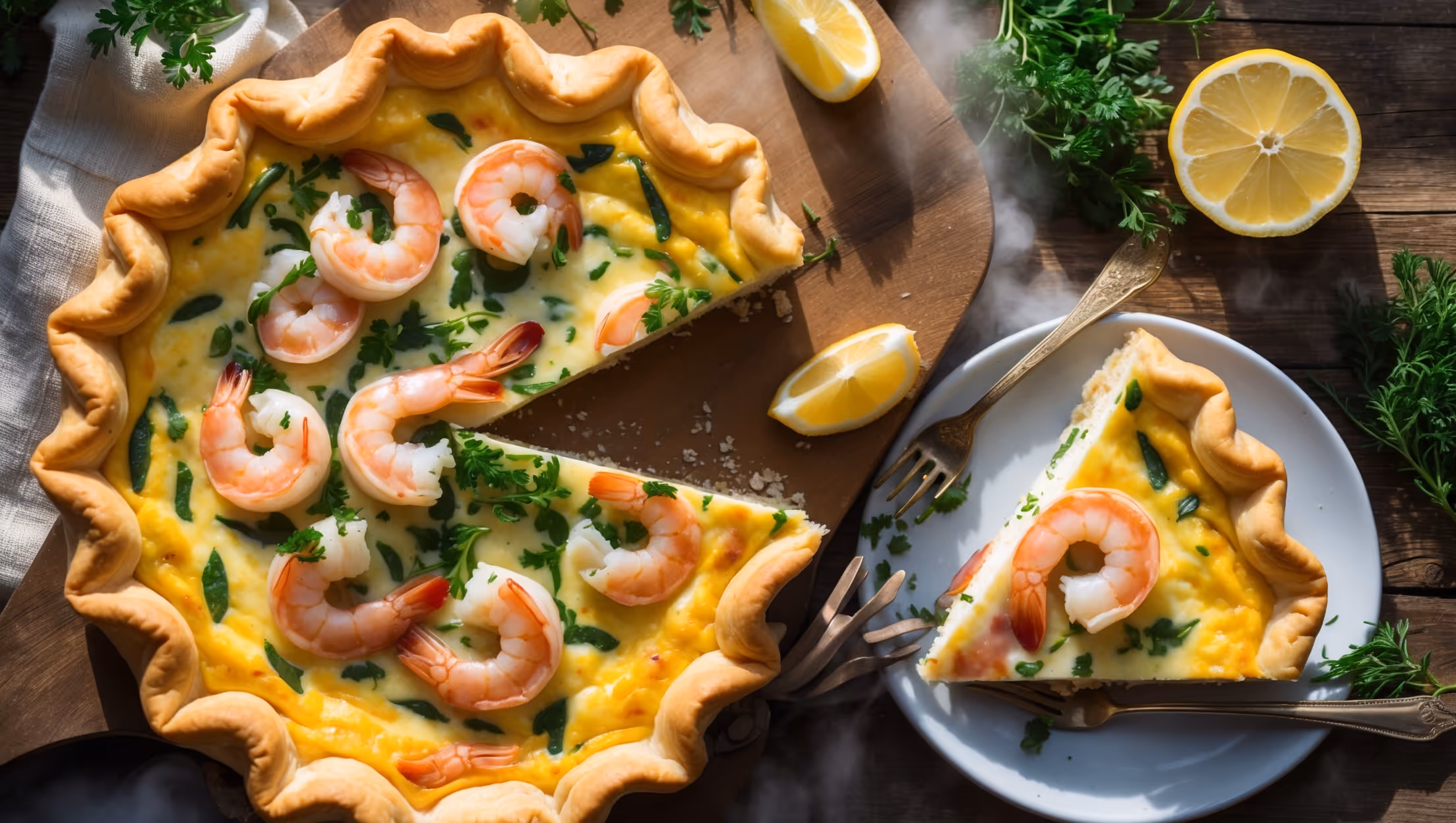An overhead shot of a golden-brown Shrimp and Herb Quiche with a perfectly crimped edge, sitting on a rustic wooden board. Soft natural light streams across the scene, highlighting the flaky pastry and the vibrant pops of pink shrimp and green herbs visible through the sliced section. The custard appears perfectly set with a slight wobble, while scattered fresh herbs and lemon wedges surround the quiche. A vintage fork rests beside a plated slice, revealing the layers of shrimp and fragrant herbs suspended in the creamy filling, with steam gently rising from the freshly cut surface.
