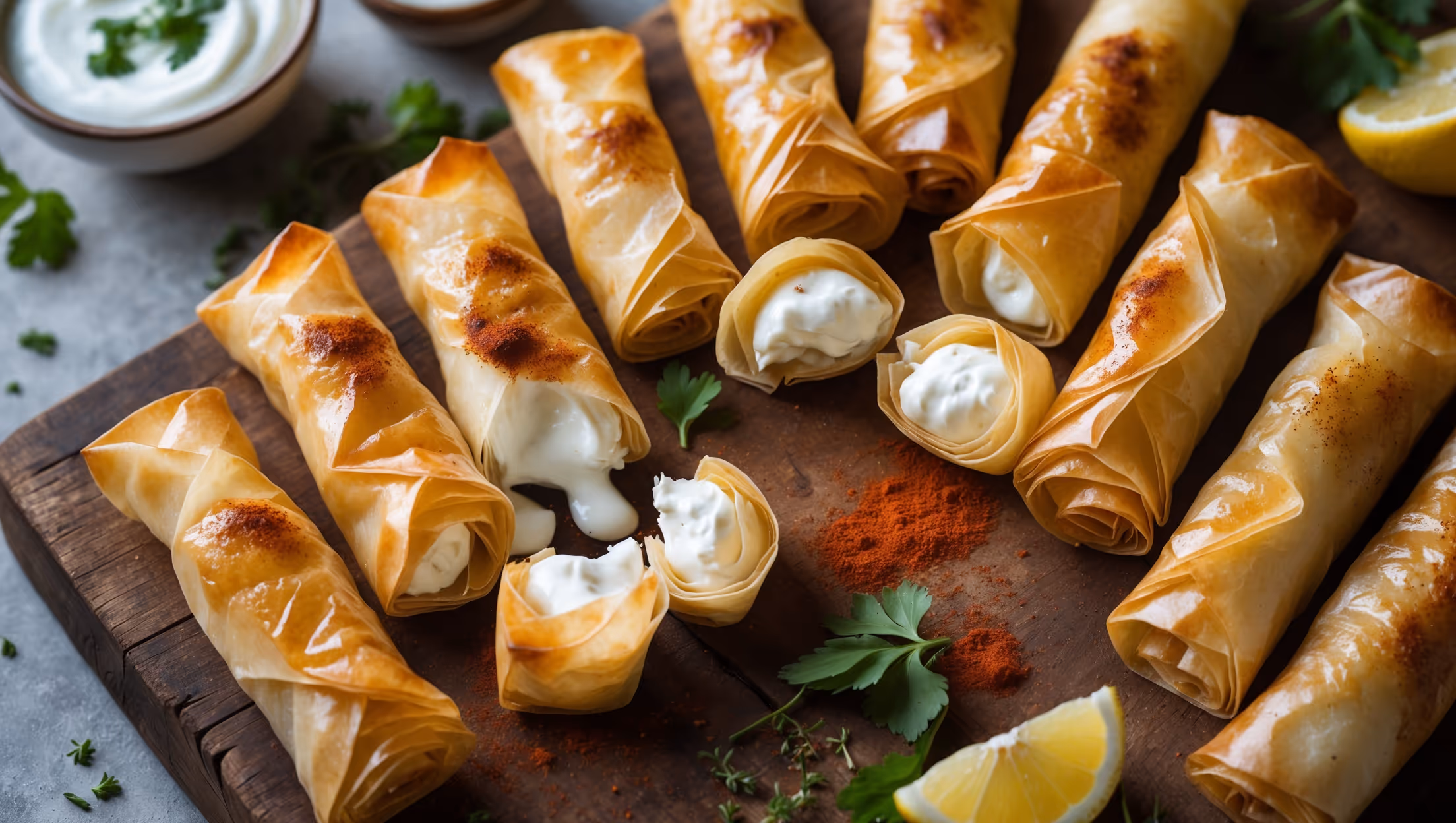 An overhead shot captures a rustic wooden board featuring perfectly golden-brown sigara böreği arranged in a casual fan pattern, with several pieces broken to reveal the creamy white cheese filling oozing slightly. Soft natural light highlights the flaky, crisp texture of the phyllo pastry, emphasizing the delicate layers and burnished finish. A small bowl of yogurt dip sits nearby alongside scattered fresh herbs and lemon wedges. The warm golden tones of the pastry contrast beautifully with the bright white filling, while a light dusting of paprika adds a touch of vivid color. The image showcases the perfect cylindrical shape of each roll and the characteristic blistered surface that indicates proper frying.
