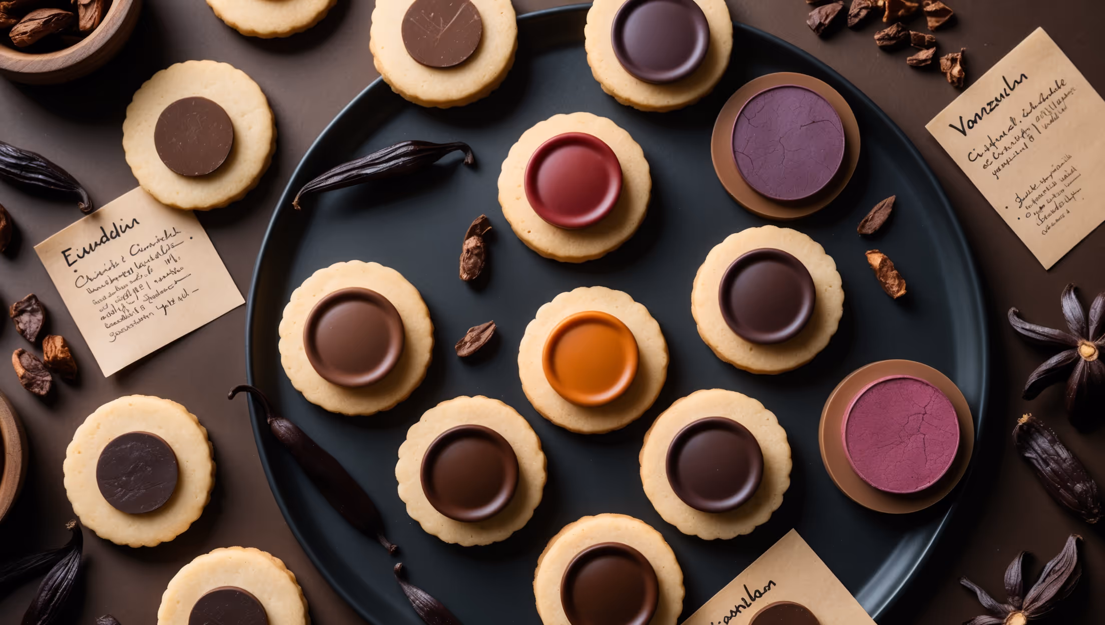 An overhead shot reveals a sophisticated arrangement of uniform round cookies on a matte black ceramic platter, each cookie featuring a glossy chocolate disc centered perfectly on top. The warm, diffused natural light highlights the varied chocolate hues—from deep mahogany Ecuadorian to reddish Madagascar and purple-tinged Venezuelan varieties. A scattered backdrop of cacao nibs, vanilla pods, and small regional maps printed on kraft paper tags provide context for the different chocolate origins. A cross-section view of one cookie reveals the buttery, shortbread-like texture beneath the chocolate disc, with visible vanilla bean specks. The composition suggests a guided tasting experience, with small handwritten notes describing each chocolate's flavor profile placed beside their respective cookies.