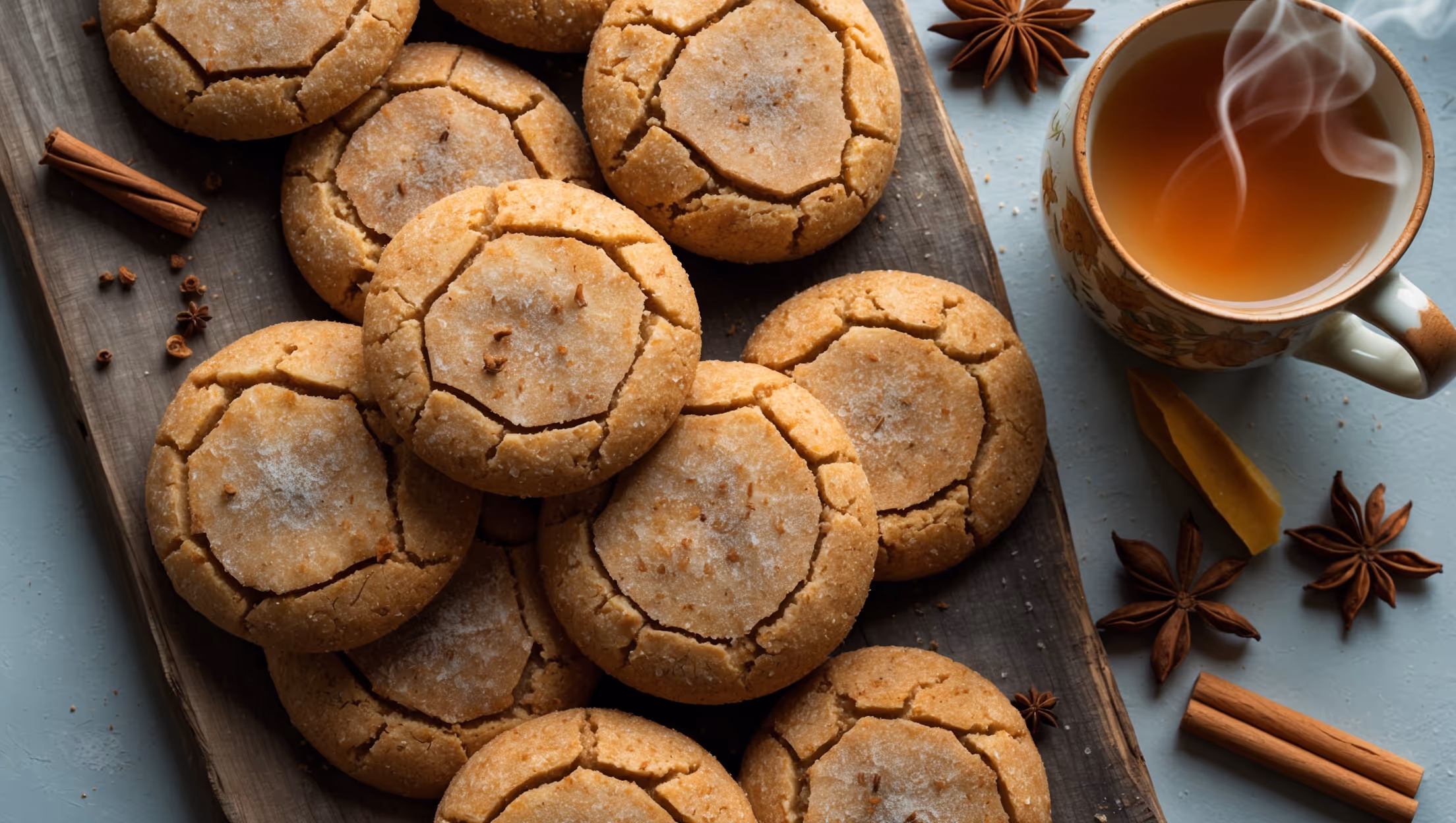Overhead shot of rustic golden-brown cookies with visible speckles of ginger and spices, arranged in a gentle cascade across a weathered wooden board. A soft natural light highlights the crackly surface texture and sugary exterior that glistens subtly. In the corner, a vintage ceramic mug filled with spiced tea creates gentle steam, while scattered whole spices—star anise, cinnamon sticks, and crystallized ginger pieces—frame the composition. A cross-section cookie reveals the perfect contrast between the crisp exterior and chewy center, with warm amber tones that evoke the cozy aromatics of the six-spice blend and essential oil infusion.