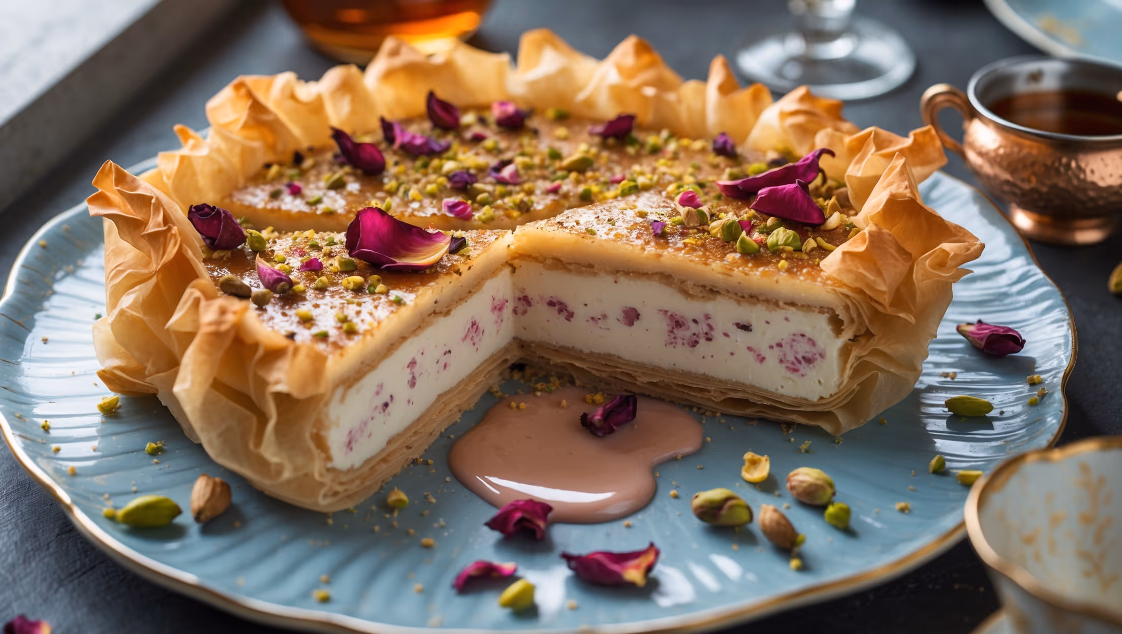 An overhead shot of a golden-brown galaktoboureko slice on a delicate blue ceramic plate, revealing layers of flaky filo and creamy rose-tinted custard. A cross-section view shows the perfect consistency of the semolina filling with tiny flecks of rose petals visible. The dessert glistens with honey-rosewater syrup, which pools slightly on the plate. Scattered dried rose petals and crushed pistachios provide vibrant color contrast against the pale custard. The scene is bathed in soft natural light from a nearby window, with a small copper pot of syrup and a vintage tea glass in the background, suggesting an elegant Mediterranean tea setting.