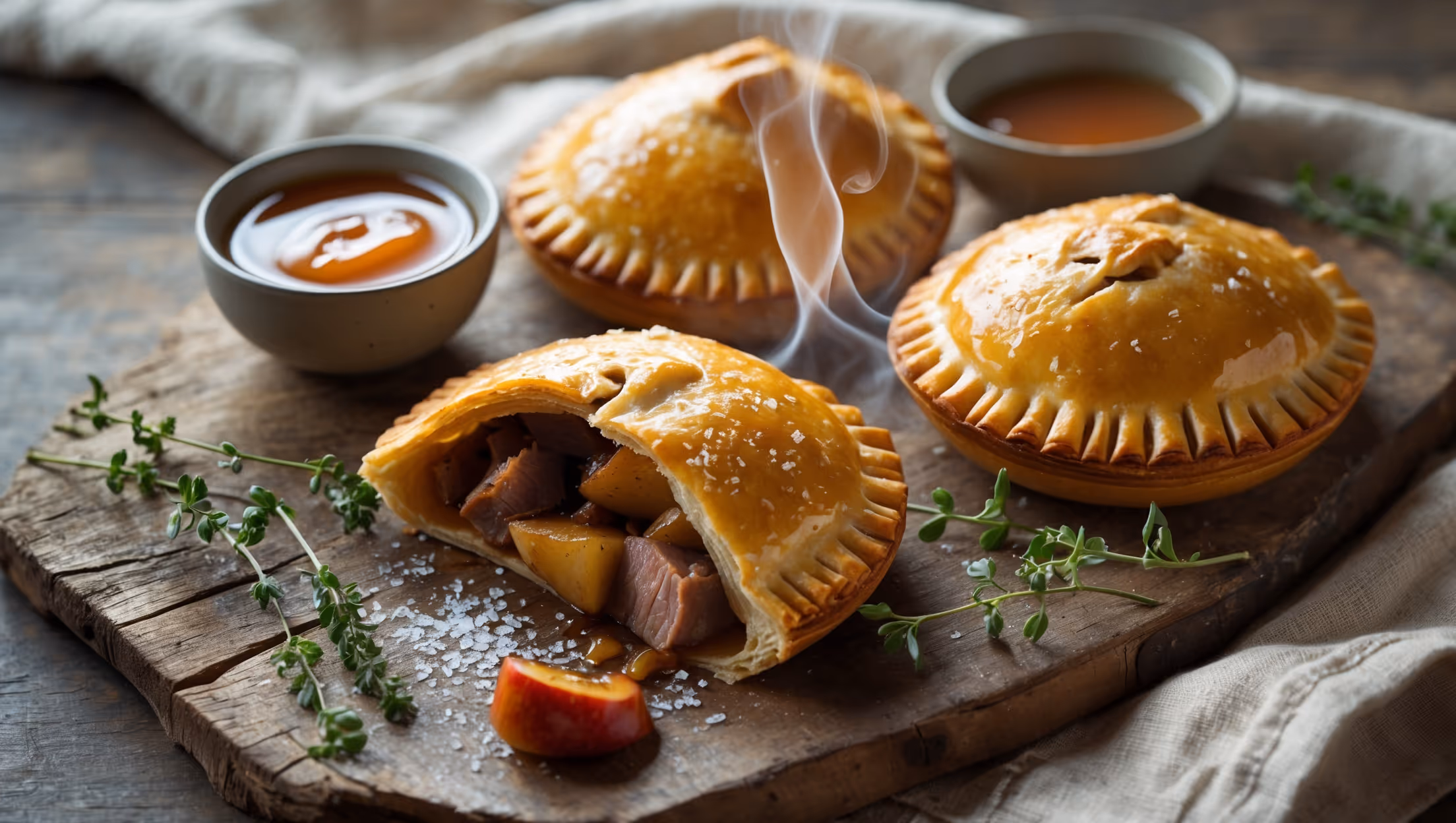 An overhead shot of three golden-brown hand pies resting on a weathered wooden board, with one pie broken open to reveal the succulent braised pork and caramelized smoked apple filling. Soft natural light streams across the scene, highlighting the flaky, layered pastry with its glistening egg-washed finish. A light dusting of sea salt crystals catches the light atop each pie, while fresh thyme sprigs and a small bowl of apple cider reduction sauce are artfully arranged alongside. In the background, a faint wisp of steam rises from the freshly cut pie, emphasizing its straight-from-the-oven appeal against the rustic linen napkin beneath.