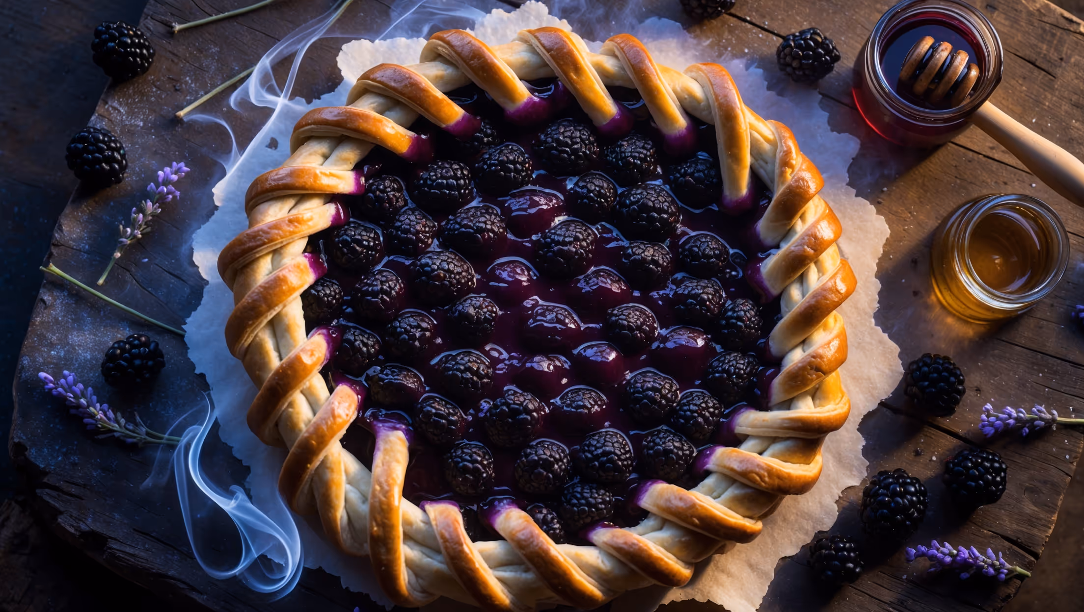 An overhead shot captures the lattice-topped pie sitting on a weathered wooden board, with wisps of smoke artfully curling around its edges. Golden-hour lighting highlights the glossy blackberry filling peeking through the intertwined pastry strips, stained deep purple in places where the filling has bubbled up during baking. A cross-section view reveals layers of plump, juicy blackberries suspended in a jammy matrix, their inky purple juice contrasting with the crisp, golden pastry layers. A small jar of lavender honey sits nearby with a wooden dipper, while fresh blackberries and sprigs of lavender are scattered artfully around the pie, completing the rustic yet elegant presentation.