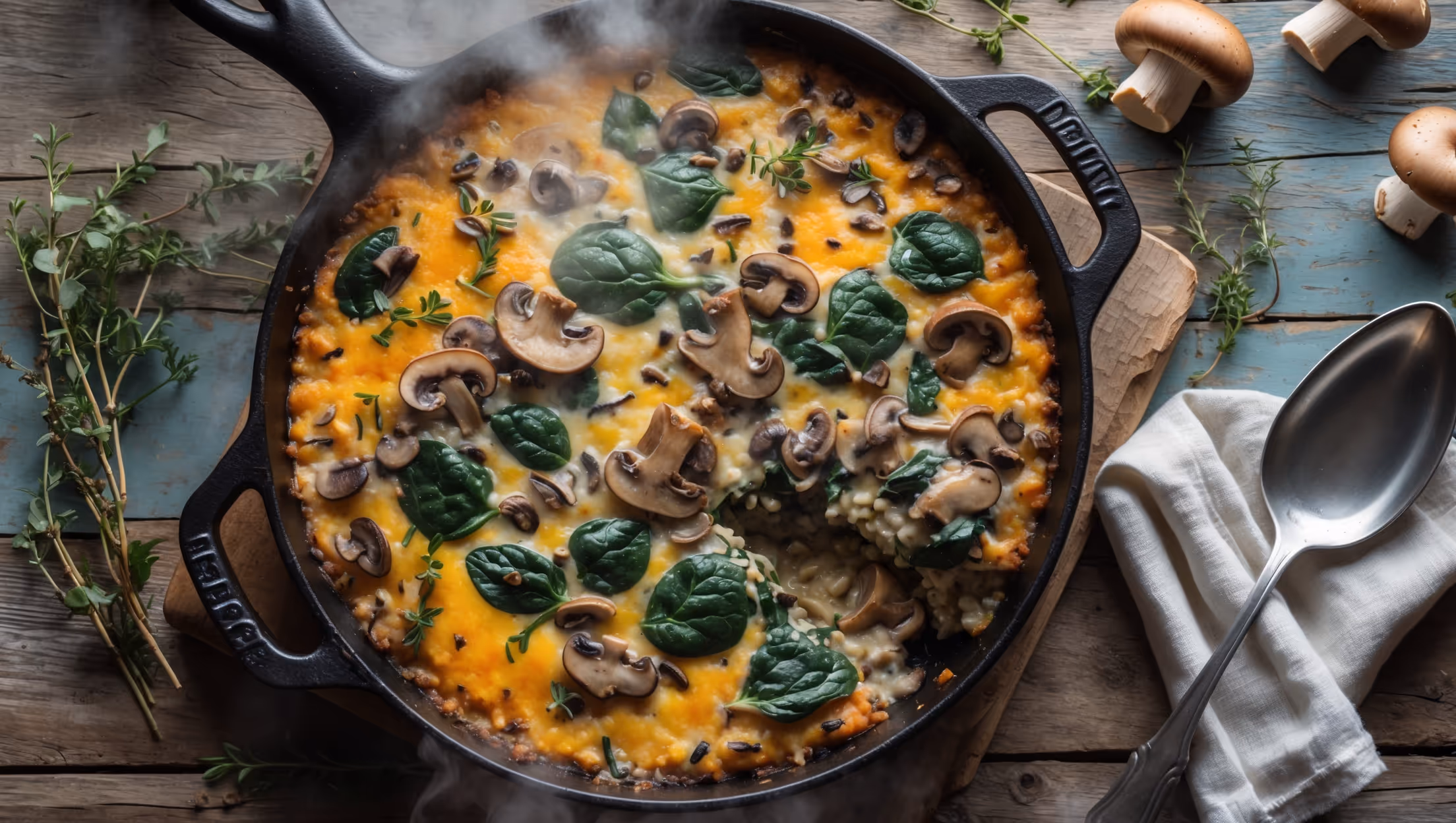 An overhead shot captures a rustic cast-iron skillet filled with a bubbling Spinach, Mushroom & Wild Rice Casserole fresh from the oven. The casserole's surface showcases patches of golden melted cheese interspersed with vibrant green spinach and earthy brown mushrooms. Steam gently rises from the dish, photographed in soft natural light streaming through a kitchen window. The skillet sits on a weathered wooden table scattered with fresh thyme sprigs, a few wild mushrooms, and a linen napkin. A serving spoon rests nearby, having just lifted a portion to reveal the creamy, grain-studded interior with its perfect consistency—neither too dry nor too wet. The rich textures and varying browns, creams, and forest greens create a rustic tableau that emphasizes the casserole's wholesome, comforting nature.