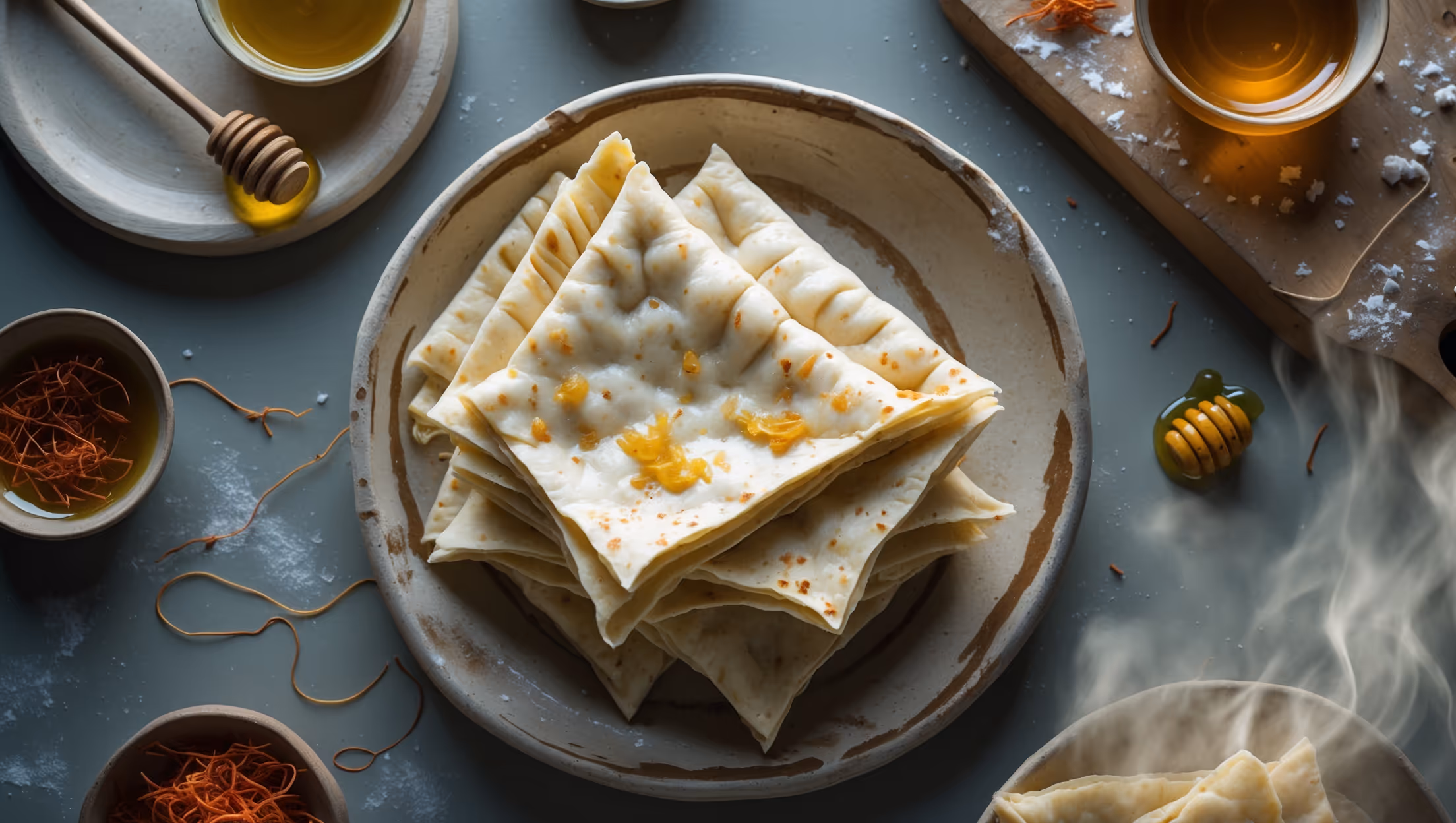An overhead shot of diamond-shaped msemen flatbreads stacked slightly offset on a handmade ceramic plate, with soft natural light highlighting their golden-brown edges and flaky layers. A close-up reveals the delicate, paper-thin layers and subtle speckles of preserved lemon throughout the dough. Scattered around the composition are small bowls of honey, olive oil infused with saffron threads glowing amber in the light, and a rustic wooden board with remnants of smoked flour. Steam rises gently from the just-cooked msemen, with a cross-section shot showing the distinct internal honeycomb structure created by the unique folding technique. The flatbreads' surfaces glisten subtly with olive oil, creating an inviting texture against the earthy tones of the smoky dough.