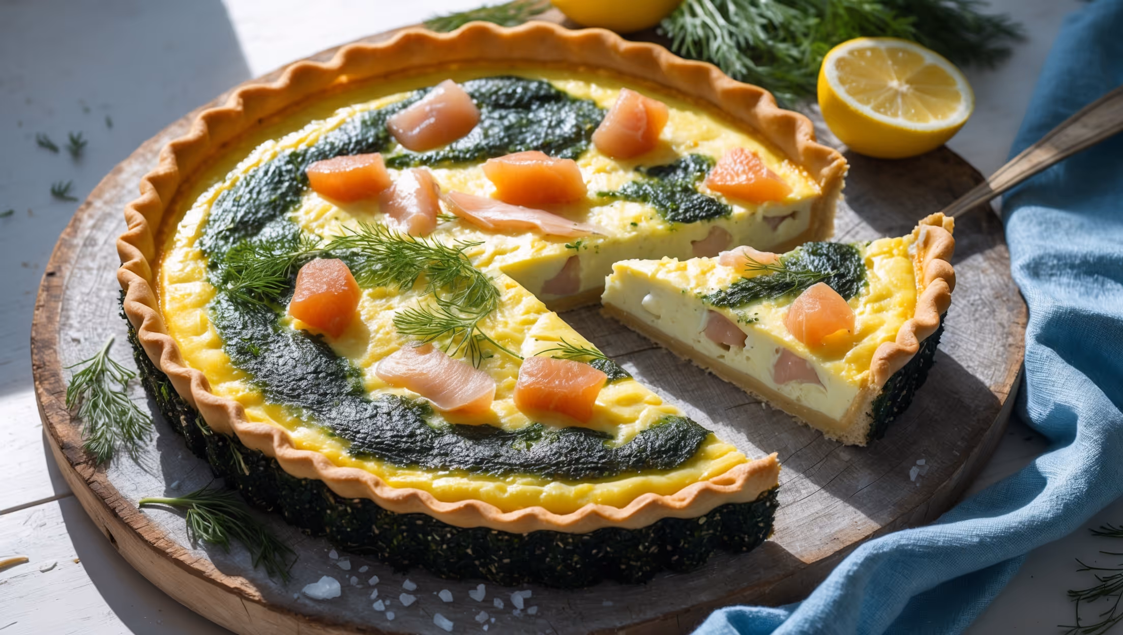 An overhead shot of a perfectly golden quiche with a slice being lifted to reveal its creamy, flaky interior. The deep green-flecked seaweed crust contrasts beautifully against the pale filling studded with chunks of smoked fish and thin slivers of preserved lemon. Soft natural light streams across the scene, highlighting the quiche's glistening surface. The dish rests on a weathered wooden board garnished with fresh dill sprigs, lemon wedges, and scattered sea salt flakes. A coastal blue linen napkin and vintage silver fork complete the maritime-inspired styling that complements the oceanic ingredients.