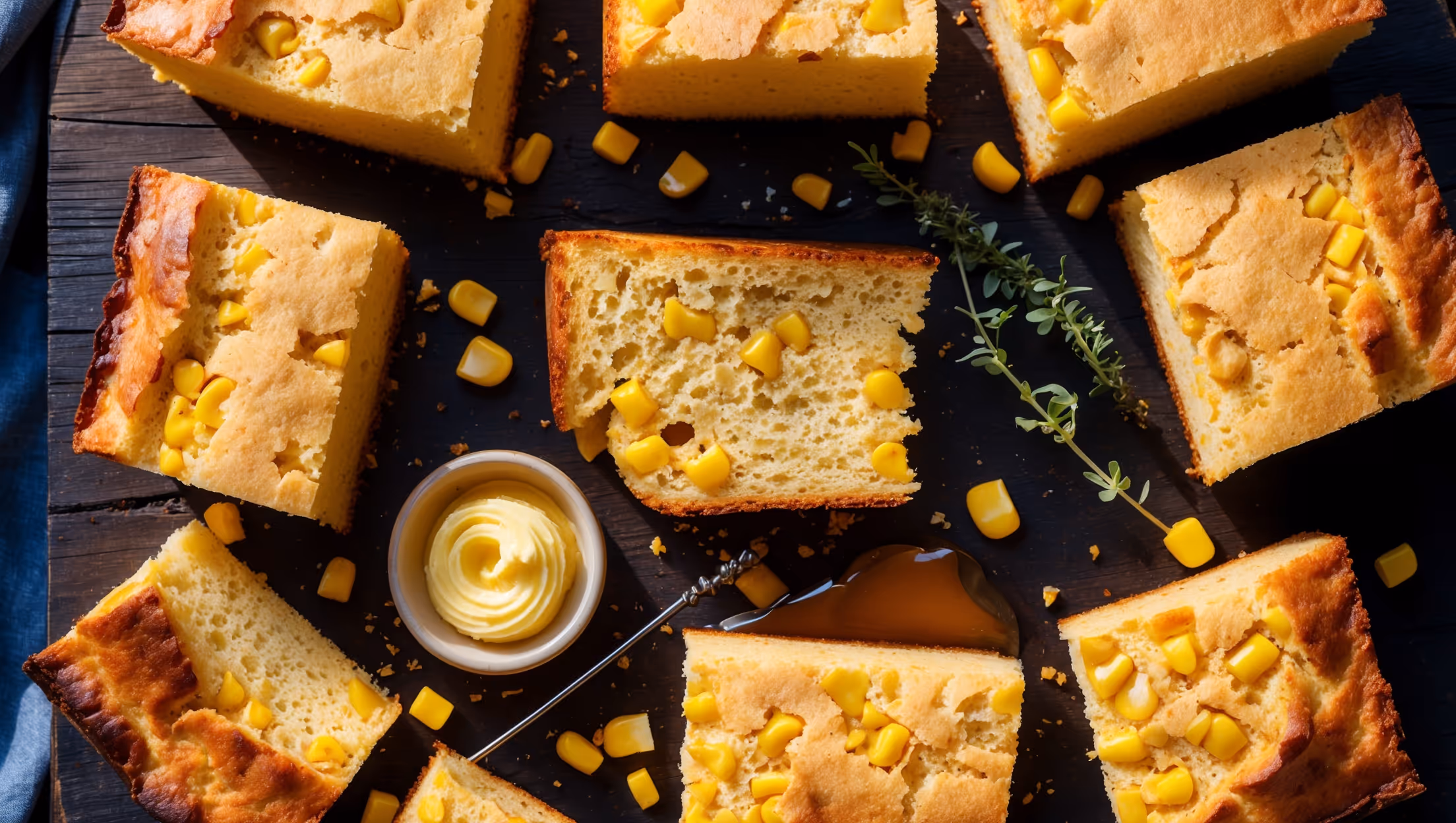 A rustic overhead shot of golden-brown cornbread slices arranged on a charred wooden board, with visible pockets of fermented corn creating colorful yellow bursts throughout. The moist, cakey texture is evident in the cross-section view, which reveals a perfect crumb structure glistening with rendered duck fat. Soft afternoon light casts gentle shadows, highlighting the craggy top surface with its beautiful caramelization. A small ramekin of whipped honey butter melts invitingly against a warm slice, while scattered corn kernels and a sprig of fresh thyme add visual context to the scene. The deep amber crust contrasts beautifully with the golden interior, showcasing the perfect balance of smokiness and richness that defines this elevated cornbread.