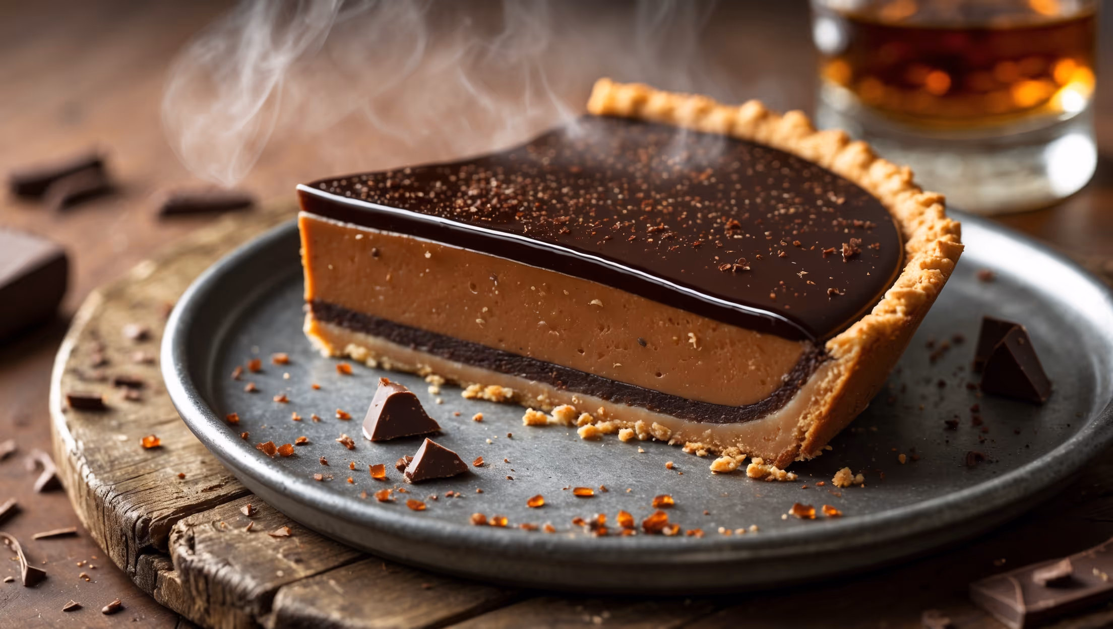 A close-up cross-section of the pie reveals three distinct layers - a crumbly chocolate graham crust, a silky smoked chocolate custard center, and a glossy whiskey ganache topping. Shot in warm, diffused natural light that highlights the pie's different textures and gleaming surface. The slice sits on a weathered wooden board beside a small tumbler of amber whiskey, with chocolate shavings and a light dusting of smoked salt scattered artfully around the plate. Steam from a just-cut slice suggests warmth, while condensation on the ganache layer indicates perfect setting. The contrast between the dark chocolate filling and caramel-hued ganache creates visual depth against the rustic serving elements.