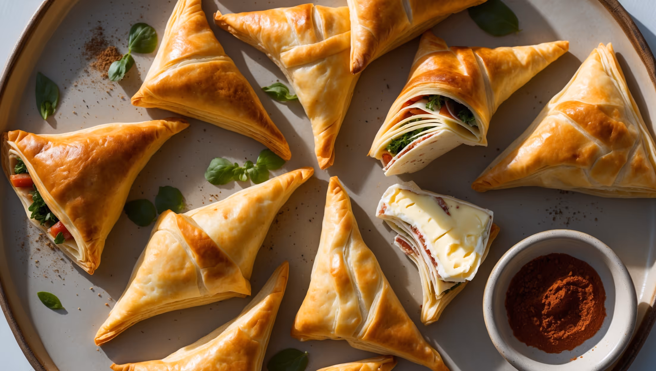 An overhead shot of golden-brown börek triangles arranged on a handmade ceramic platter, with one piece pulled slightly apart to reveal the mesmerizing 36 distinct layers inside. Shot in soft natural light with shadows accentuating the flaky texture, the pastry's edges are visibly crisp while the center remains tender. A small ramekin of cultured butter sits nearby, alongside scattered fresh herbs and a light dusting of smoked paprika. A cross-section view reveals the intricate lamination achieved through the folding technique, with visible strands of melted cheese or filling peeking between the delicate, perfectly separated layers.