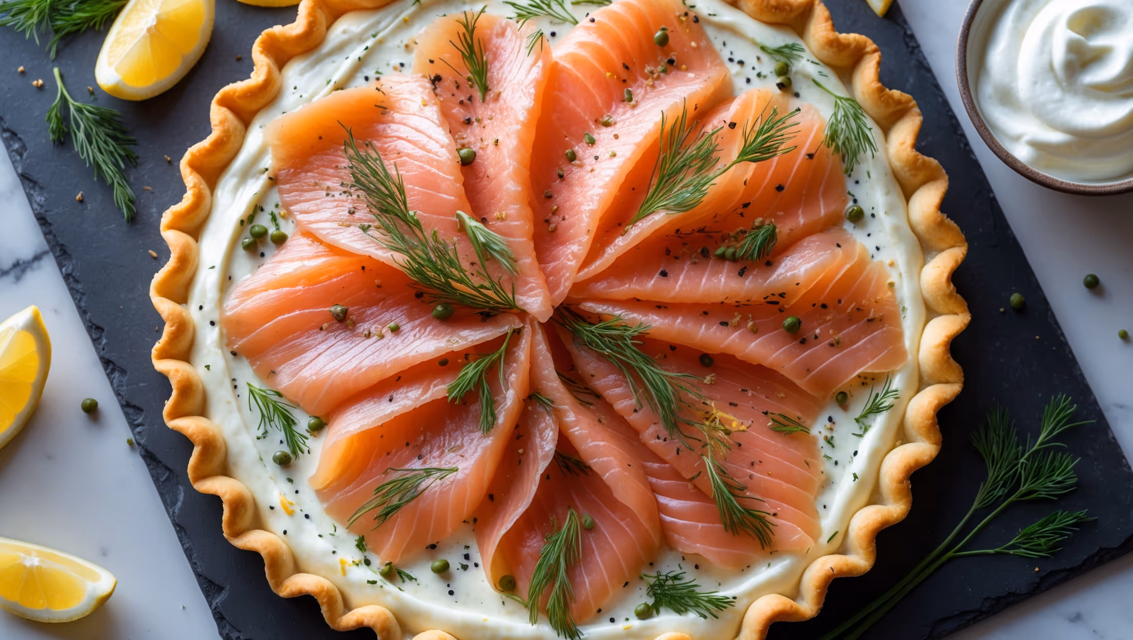 An overhead shot of the Smoked Salmon Tart showcasing its golden-brown, perfectly crimped pastry edge contrasting with the pale cream filling studded with flecks of fresh dill and capers. Thin, coral-pink slices of smoked salmon are artfully arranged in a rose pattern on top, with a light sprinkle of black pepper and lemon zest adding visual texture. The tart is photographed in soft natural light on a slate serving board, with lemon wedges, scattered fresh dill sprigs, and a small bowl of crème fraîche positioned alongside. A partial cross-section reveals the distinct layers of flaky pastry and creamy filling, with the glossy smoked salmon catching the light beautifully.