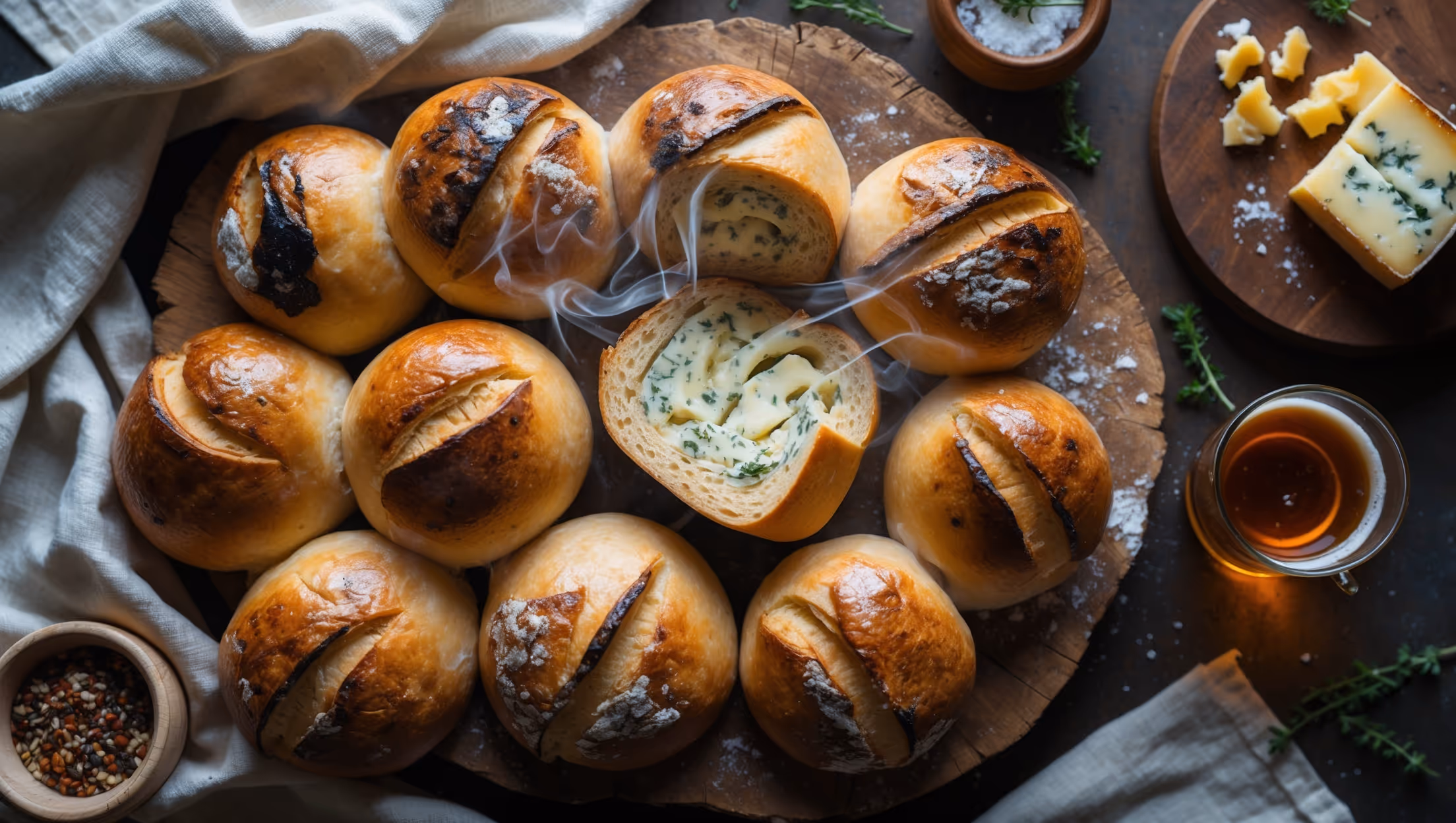 An overhead shot captures rustic hand-formed rolls with golden-brown, slightly charred crusts arranged on a rough-hewn wooden board. A cross-section view reveals distinct swirls of melted barrel-aged cheese marbled throughout the crumb, with wisps of steam rising from a freshly broken roll. Soft natural light catches the various grains embedded in the crust, highlighting their varying textures and colors. A small crock of smoked salt and scattered fresh herbs provide color contrast, while a cheese board with remnants of the barrel-aged cheese and a glass of amber craft beer suggest perfect pairings. The styling emphasizes the artisanal quality with flour-dusted linen and vintage serving pieces that complement the heritage ingredients.