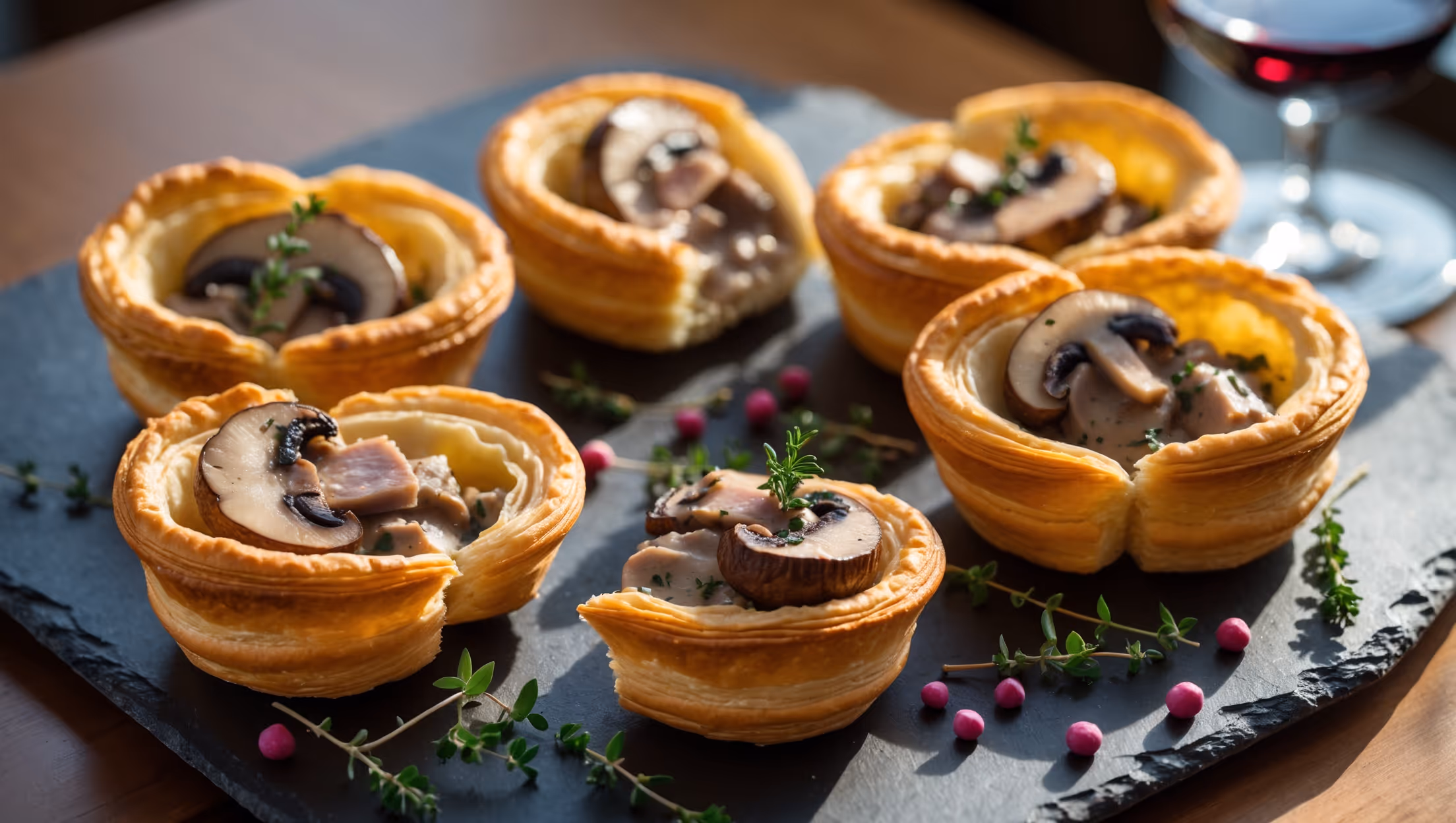 An overhead shot of six golden-brown vol-au-vents arranged on a slate serving platter, with crisp layers visibly defined in the pastry. A cross-section view reveals the creamy mushroom and duck filling speckled with fresh herbs. Soft natural light from a side window highlights the glistening interior while casting gentle shadows that emphasize the flaky texture. Small sprigs of fresh thyme and a scattering of pink peppercorns add color contrast against the earthy tones of the mushrooms and rich pink of the duck. A glass of burgundy wine sits partially blurred in the background, suggesting the perfect pairing for these sophisticated savory pastries.