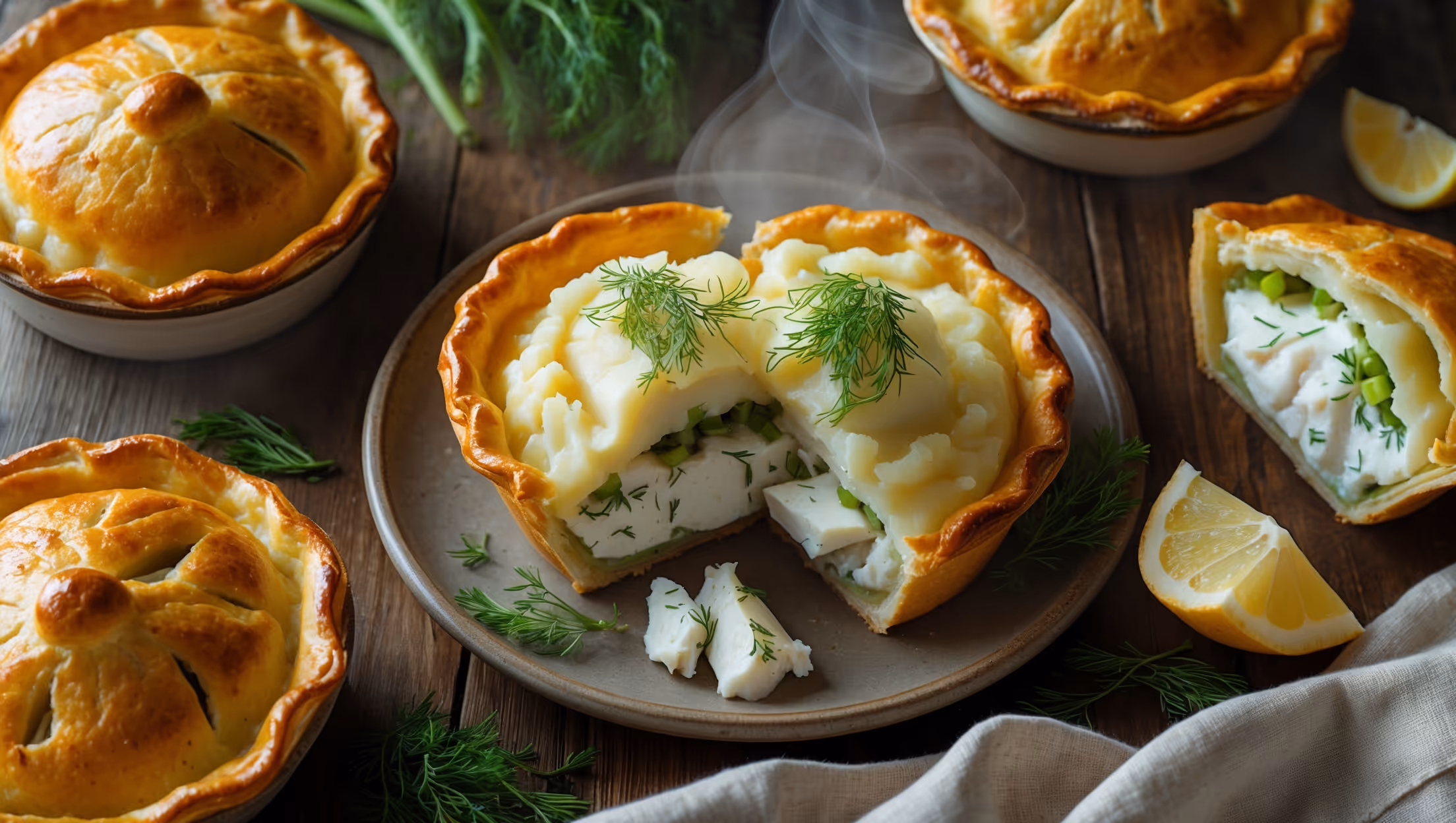 An overhead shot of golden-brown individual smoked haddock pies served on rustic ceramic plates, with one pie cut open to reveal the creamy white fish filling speckled with vibrant green leeks and herbs. The cross-section showcases the perfect layers: crisp pastry base, succulent smoked haddock in a velvety sauce, and a cloud-like mashed potato topping with delicately browned peaks. Soft natural light streams across the scene, highlighting the contrasting textures and steam rising gently from the freshly baked pies. A scattering of fresh dill and lemon wedges complements the seafood elements, while a wooden table and linen napkins create a cozy, home-style setting.