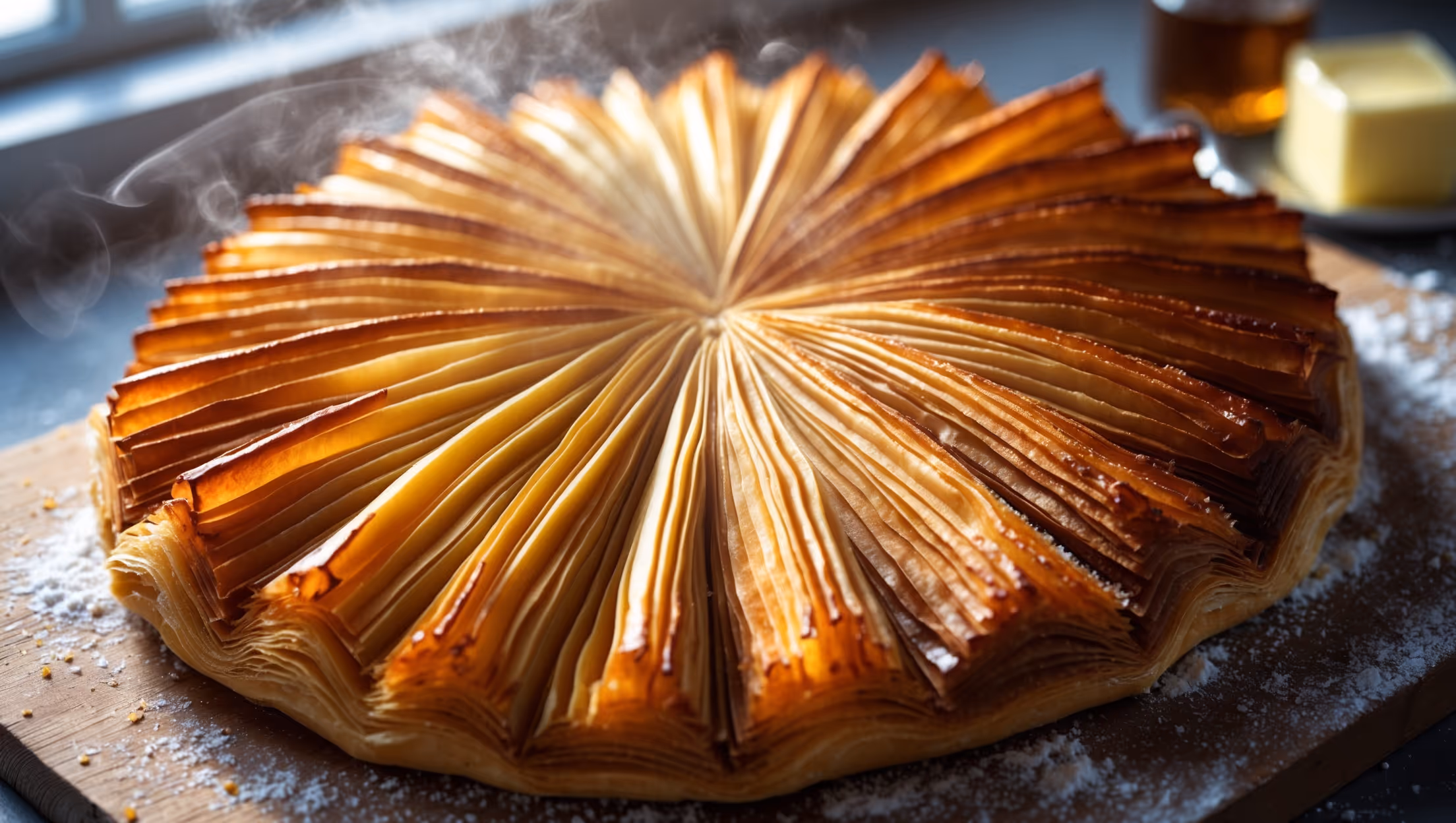 An overhead shot reveals the stunning geometric pattern of golden-brown pastry layers, their edges caramelized to a deep amber where maple has crystallized. A cross-section displays dozens of paper-thin flaky layers with varying tones from pale gold to rich brown. Shot in soft morning light streaming through a kitchen window, the pastry rests on a weathered wooden board dusted with flour, with a small pot of cultured butter and a bottle of maple syrup subtly blurred in the background. A sprinkle of flaky sea salt catches the light, creating tiny sparkles across the surface, while wisps of steam hint at the pastry's freshly-baked warmth.