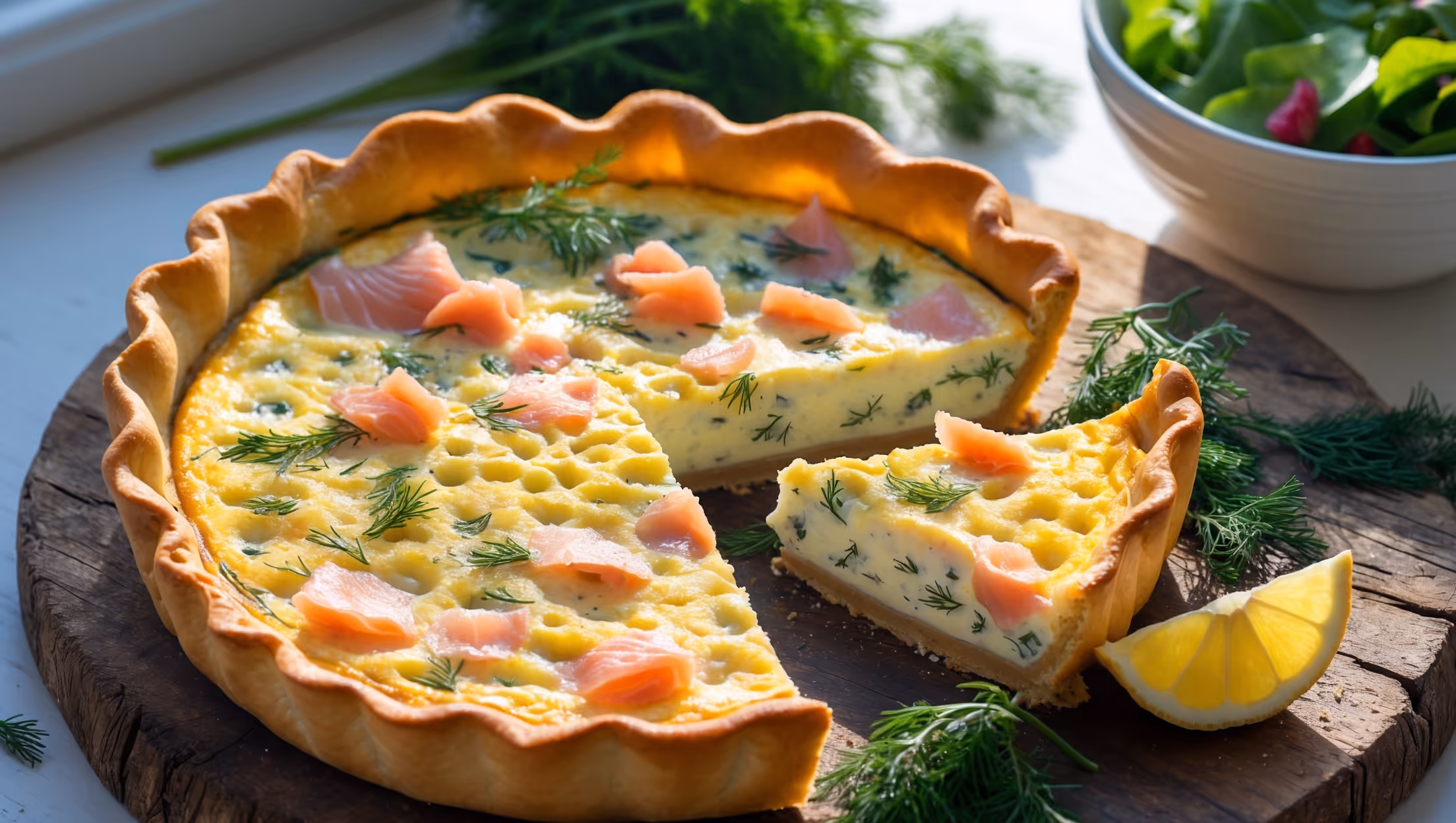 An overhead shot of the golden-brown Smoked Salmon and Cream Cheese Quiche, its surface lightly browned with tiny flecks of fresh dill visible throughout the custard. A single slice has been removed, revealing the silky interior studded with delicate pink pieces of smoked salmon and pockets of cream cheese. The quiche rests on a rustic wooden board, with a small bunch of fresh dill and lemon wedges artfully arranged beside it. Natural daylight streams in from a nearby window, highlighting the flaky, buttery crust and giving the dish a warm, inviting glow. In the background, a crisp green salad in a white ceramic bowl suggests the perfect accompaniment.
