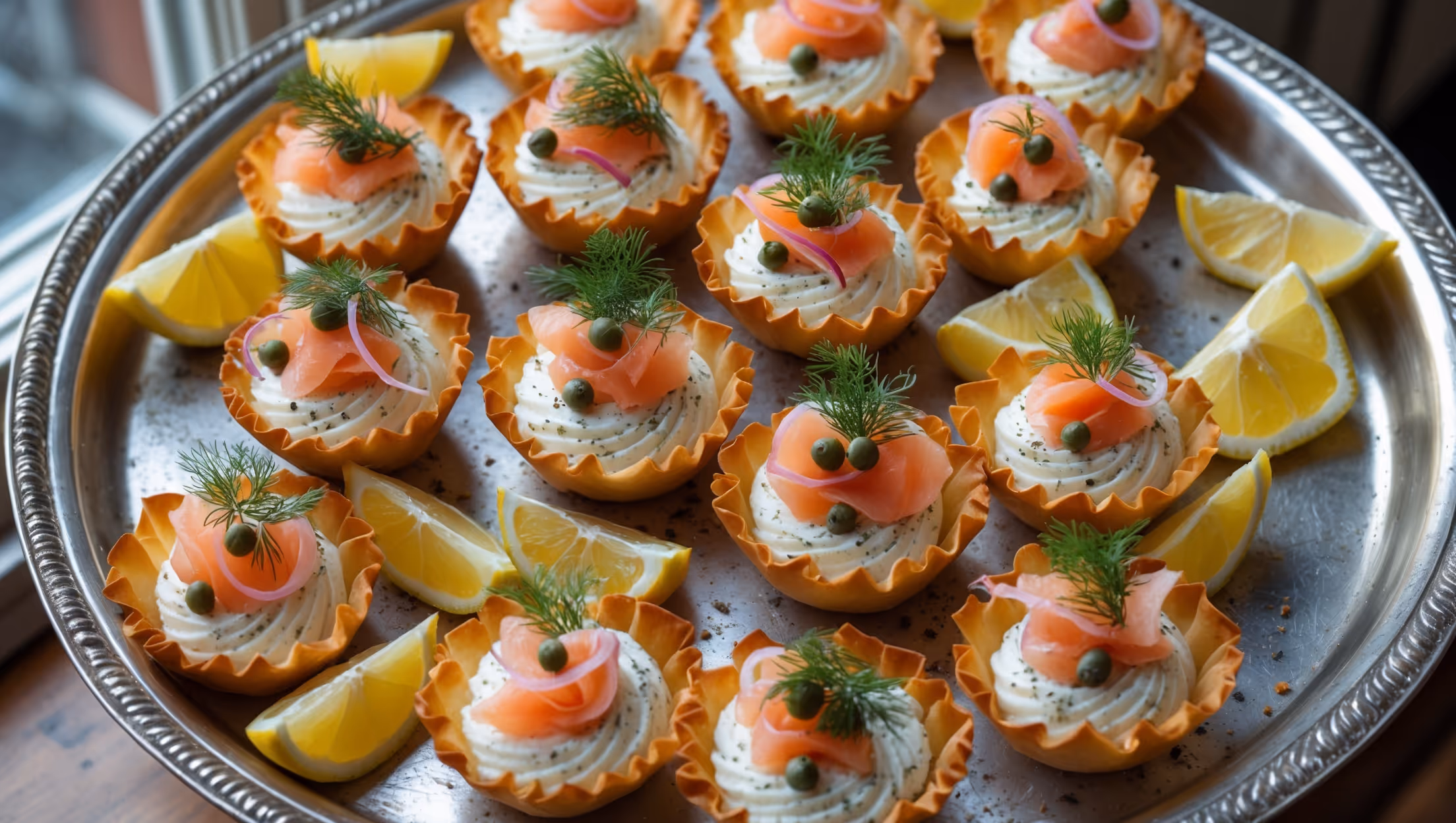 An overhead shot of a vintage silver serving platter holding twelve golden-brown phyllo cups arranged in neat rows, their flaky, crisp edges catching the soft natural light streaming through a nearby window. Each cup cradles a swirl of pale cream cheese filling topped with delicate curls of coral-pink smoked salmon and sprigs of feathery fresh dill. Tiny capers and slivers of red onion add pops of color, while lemon wedges surround the platter, their zesty brightness complementing the smoky-rich appetizers. A light dusting of cracked black pepper and dill pollen adds texture and dimension to these sophisticated bite-sized treats.