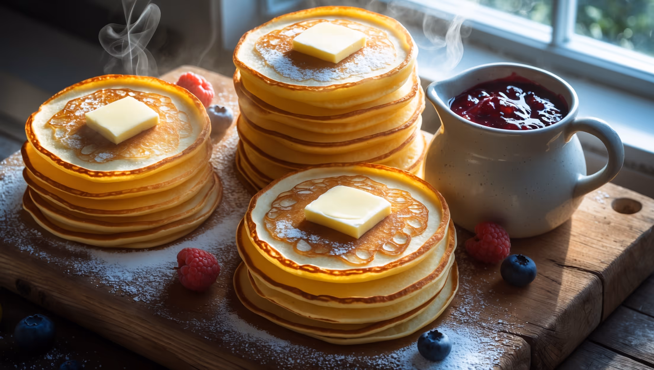 Overhead shot of stacked Smørlapper with golden-brown edges and light yellow centers, captured in soft morning light streaming through a kitchen window. Several pancakes are shown on a rustic wooden serving board, some folded in quarters as traditionally served, others flat showing their lacy patterns. A small ceramic pitcher of lingonberry jam sits alongside, with a pat of melting butter slowly disappearing into the top pancake. Fresh berries are scattered around, and a dusting of powdered sugar creates subtle contrast against the warm, golden pancakes. Steam gently rises, hinting at their freshness from the pan.
