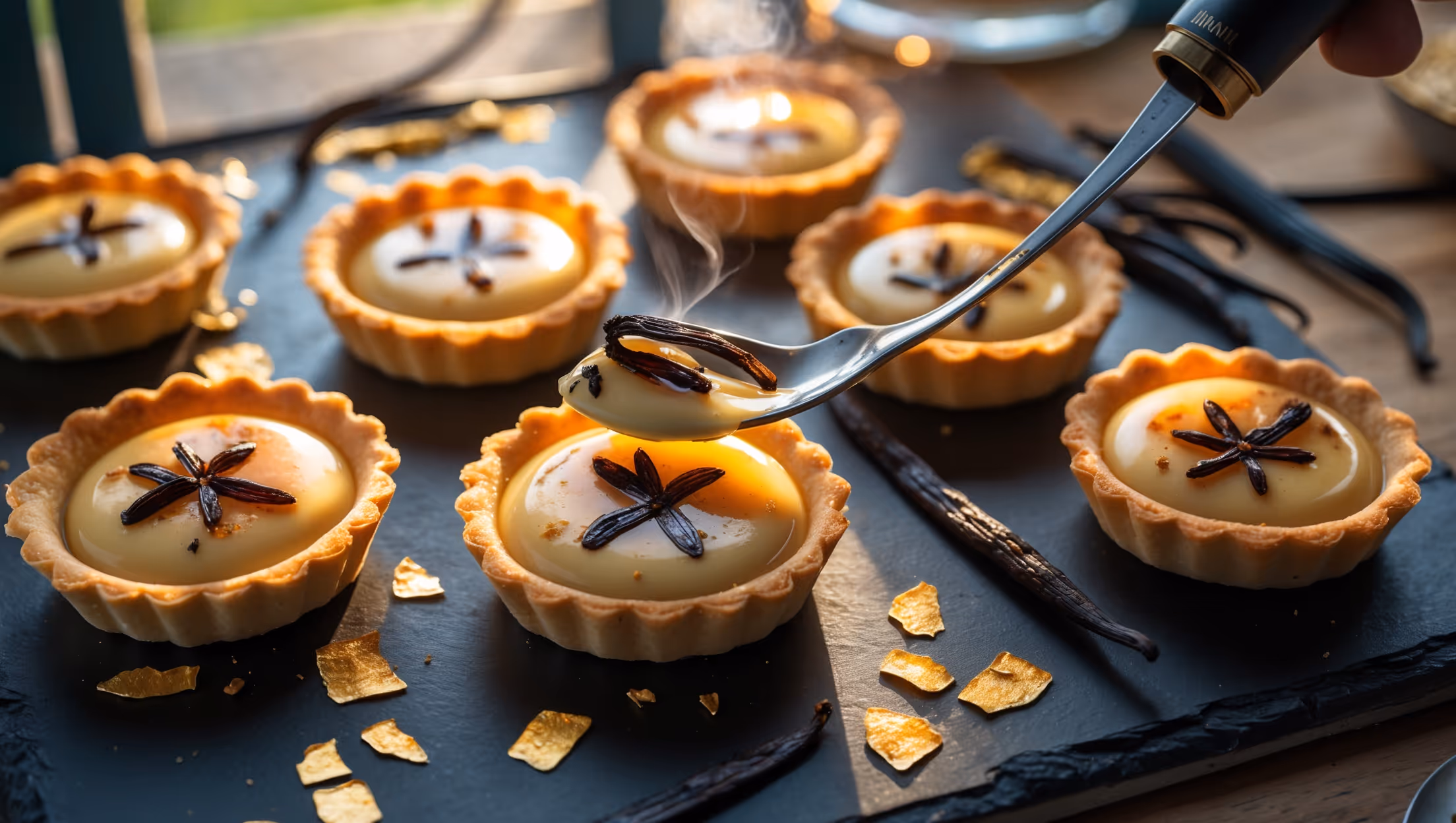 An overhead shot captures six perfectly golden tart shells arranged on a vintage black slate board, each filled with silky smoked vanilla custard bearing distinctive dark specks of vanilla bean. The caramelized sugar tops glisten under soft natural light streaming from a nearby window, creating amber reflections that highlight the perfectly torched surfaces. A close-up reveals the dramatic moment of breaking through the glass-like caramelized top with a dessert spoon, exposing the luscious custard beneath. Delicate fragments of gold leaf catch the light atop each tart, while scattered vanilla beans, a smoking gun, and a small kitchen torch arranged artfully in the background tell the story of their creation. A cross-section view shows the three distinct layers: crisp buttery pastry, creamy custard center, and the thin brittle caramel crust adorned with gold.
