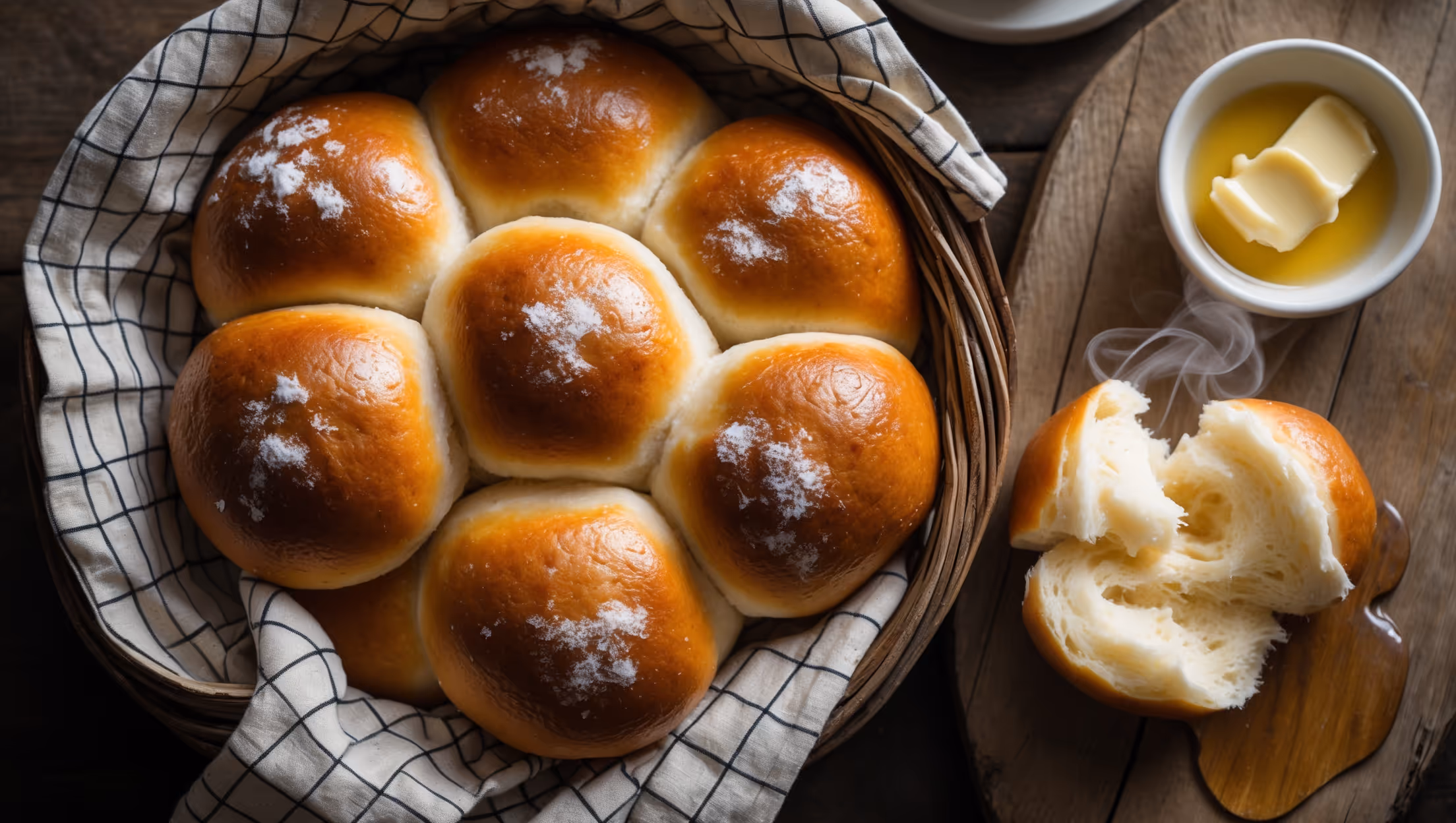 An overhead shot of golden-brown potato rolls arranged in a rustic bread basket lined with a checkered cotton napkin. Soft natural light streams in from the side, highlighting the glossy, butter-brushed tops and delicate flour dustings. A close-up reveals the pillow-soft interior with its tender, moist crumb structure created by the potato starch. On a weathered wooden board nearby, one roll is broken open, releasing a wisp of steam, while a small dish of honey butter sits alongside. The warm amber tones of the crust contrast beautifully with the snow-white interior, emphasizing the cloud-like texture these rolls are known for.