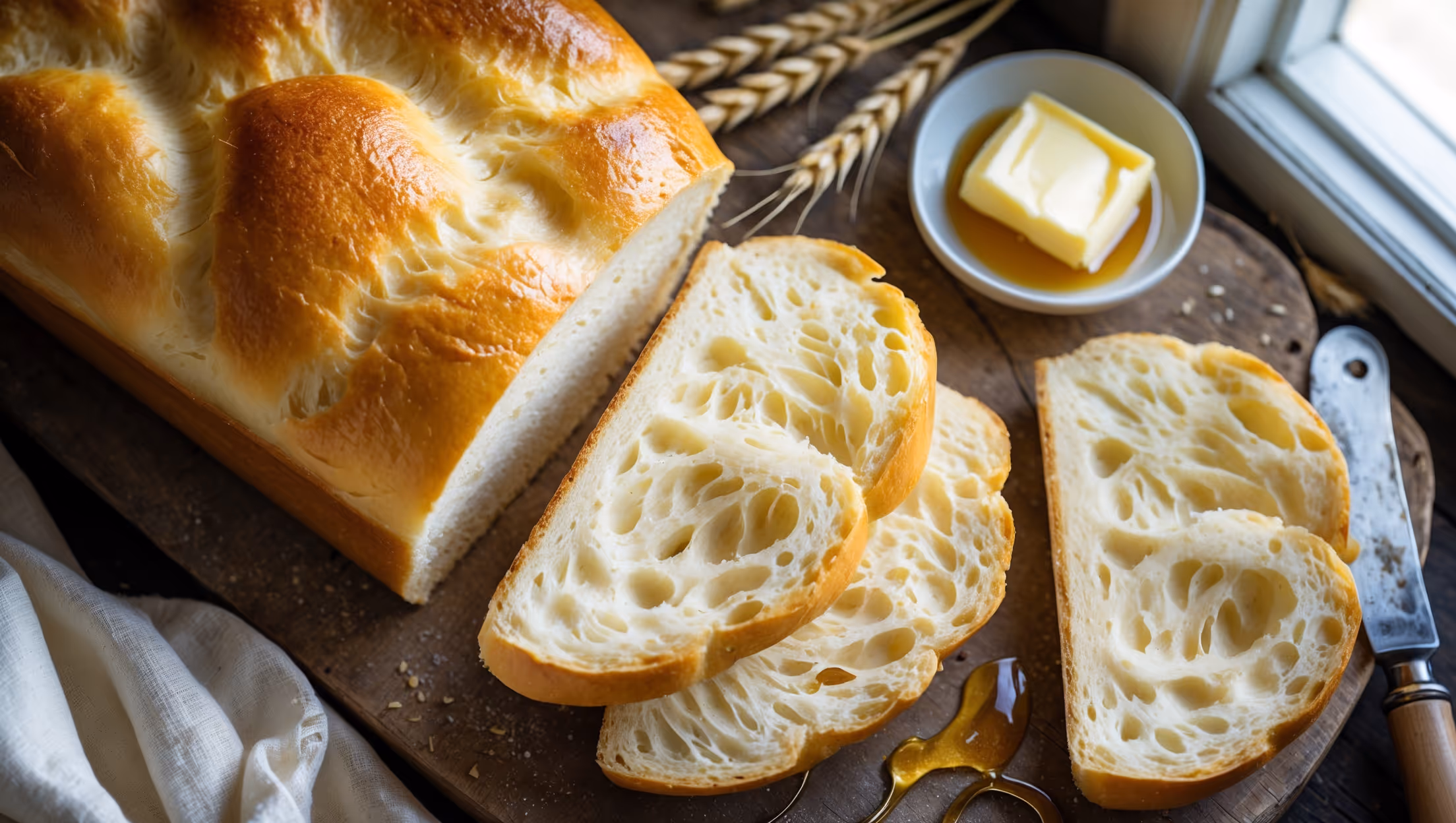 An overhead shot of a beautifully golden loaf of soft milk bread, sliced to reveal its pillowy, tender interior with delicate air pockets throughout. The bread sits on a rustic wooden board, with one perfect slice pulled slightly apart to showcase its incredible stretchy texture. Soft natural light streams in from a nearby window, highlighting the bread's glossy, egg-washed surface. Scattered around the base are a few wheat stalks, a small dish of softened butter, and a drizzle of honey. A linen napkin in cream adds texture to the scene, while a vintage bread knife rests nearby, suggesting the irresistible urge to cut another slice of this cloud-like creation.