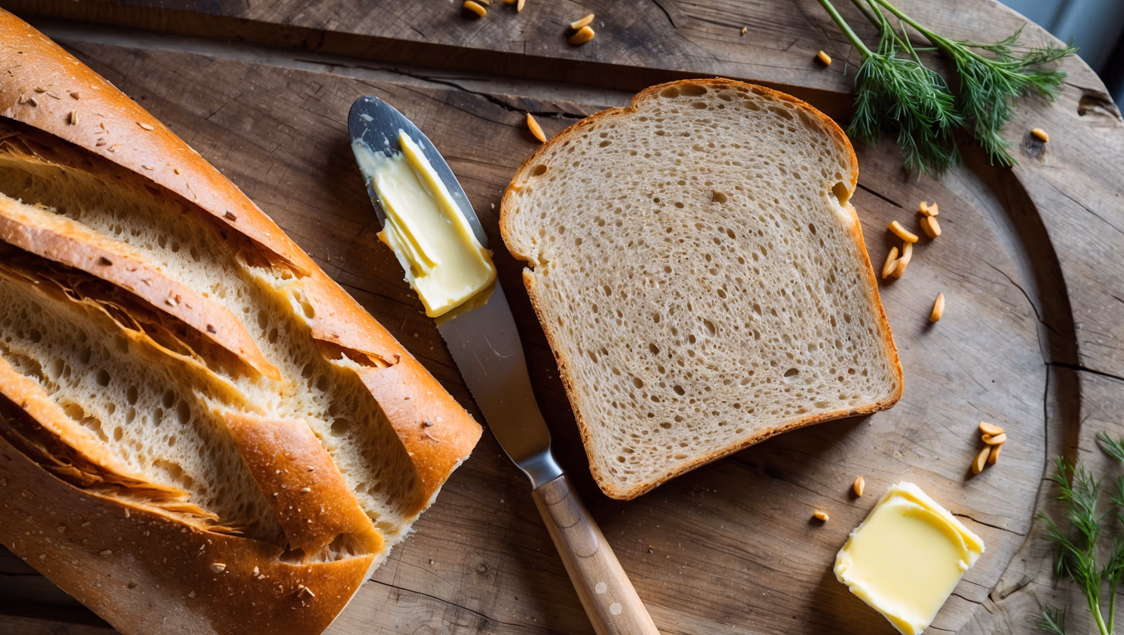 An overhead shot of a freshly sliced rye sandwich loaf on a rustic wooden cutting board, with one slice slightly pulled away to showcase the soft, even crumb structure. Natural window light highlights the contrast between the light golden-brown crust and the beige interior speckled with tiny rye flecks. A butter knife rests alongside with a small pat of melting butter on a slice, while scattered rye grains and a sprig of fresh dill garnish the corners of the board. The bread's perfect height and rectangular sandwich shape demonstrate its ideal structure for everything from deli meats to avocado spreads.