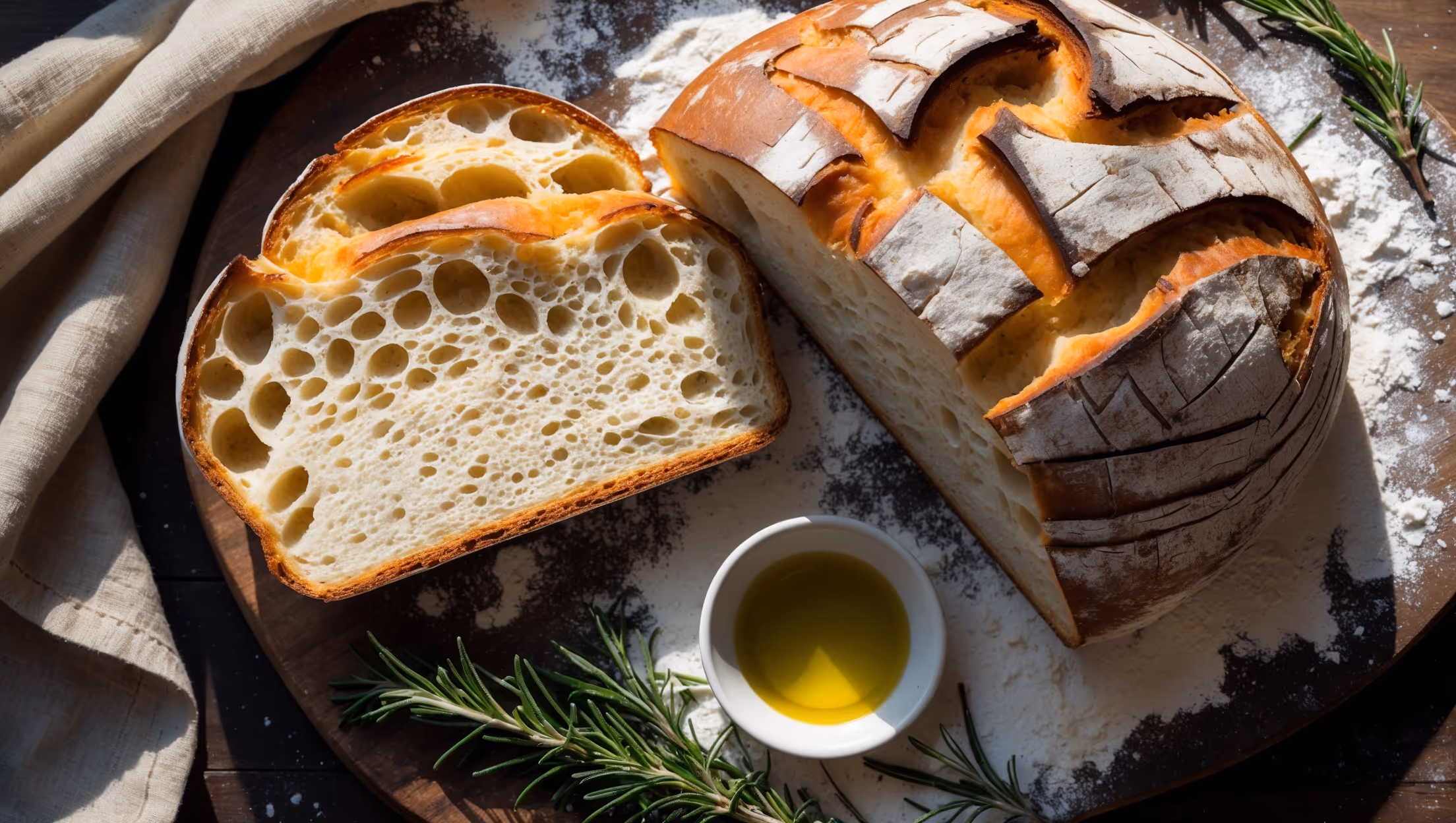 A rustic overhead shot of a perfectly browned Italian loaf resting on a flour-dusted wooden board, with one thick slice pulled slightly away revealing its airy, honeycomb interior structure. Warm afternoon light streams across the scene, highlighting the bread's golden-brown crust with its characteristic splits and the soft, ivory crumb within. Scattered around the base are sprigs of fresh rosemary and a small dish of extra virgin olive oil with a rich, green-gold hue. A linen napkin in muted earth tones frames one corner, while a dusting of flour creates delicate contrast against the dark wood surface.