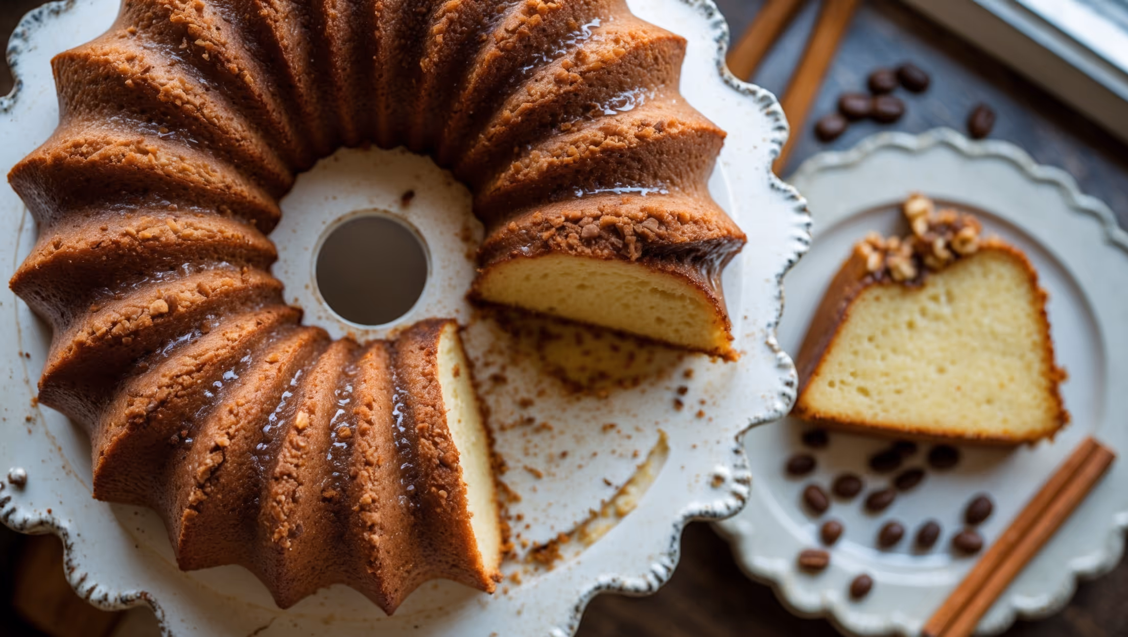 An overhead shot of a perfectly baked bundt cake on a vintage white cake stand, showcasing its golden-brown exterior and distinctive ridged pattern. The cross-section reveals ribbons of cinnamon streusel woven throughout the moist, tender crumb. Soft natural light streams in from a window, highlighting the cake's glistening sugar glaze that drips elegantly down the fluted sides. Scattered around the base are cinnamon sticks, chopped walnuts, and coffee beans, emphasizing the cake's warm flavors and coffee pairing potential. A slice has been removed, exposing the perfect contrast between the buttery yellow cake and dark cinnamon swirls.