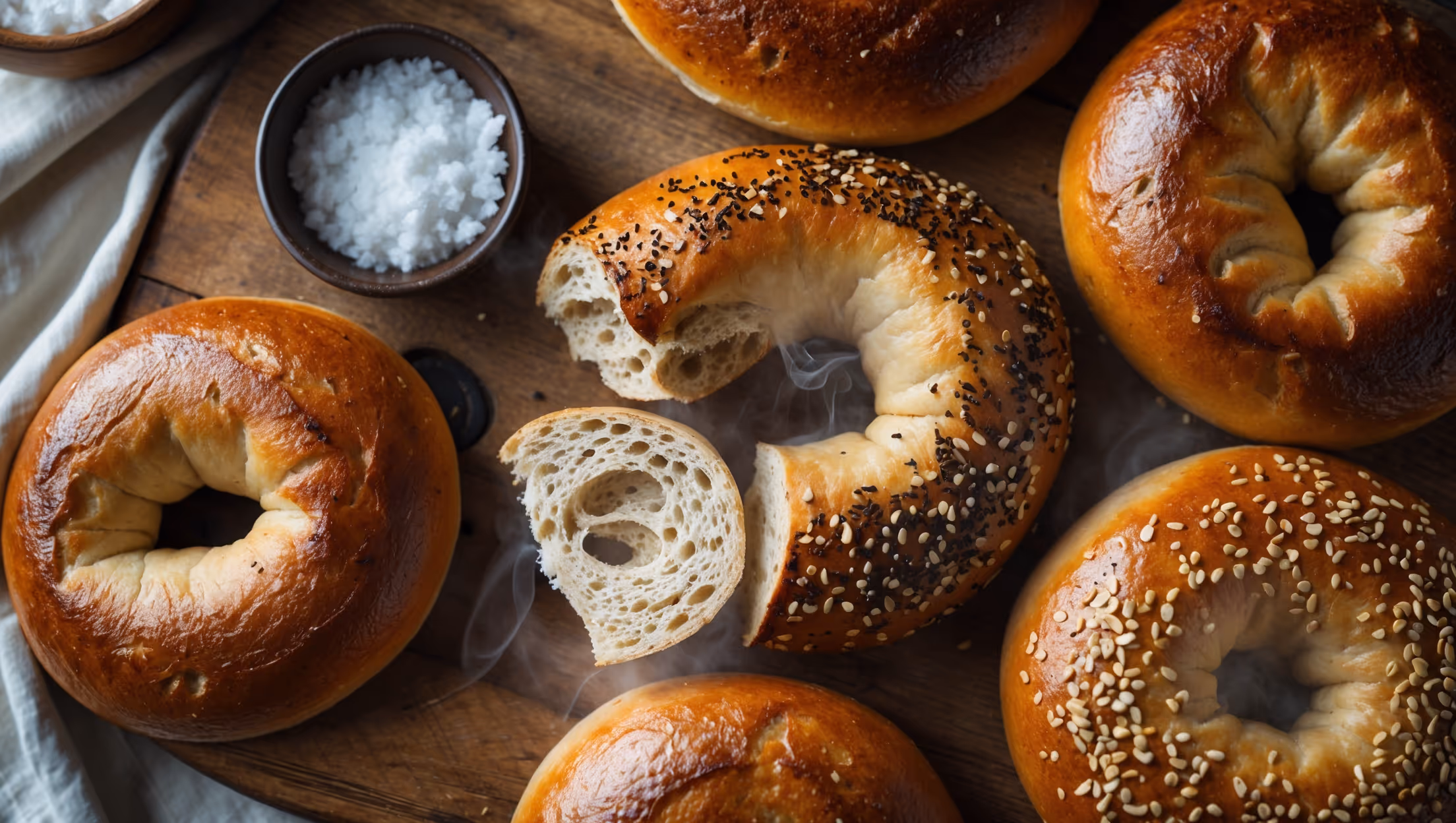 An overhead shot of freshly baked sourdough bagels arranged on a rustic wooden board, their burnished golden-brown crusts glistening under soft natural light. A cross-section view reveals the chewy, open crumb structure characteristic of sourdough, with visible fermentation bubbles. Some bagels are topped with sesame and poppy seeds, creating visual texture and contrast against the shiny crust. In the background, a bowl of flaky sea salt and a small jar of sourdough starter hint at the artisanal process, while a linen towel adds warmth to the composition. Steam rises subtly from a bagel that's been broken open, emphasizing their fresh-from-the-oven appeal.