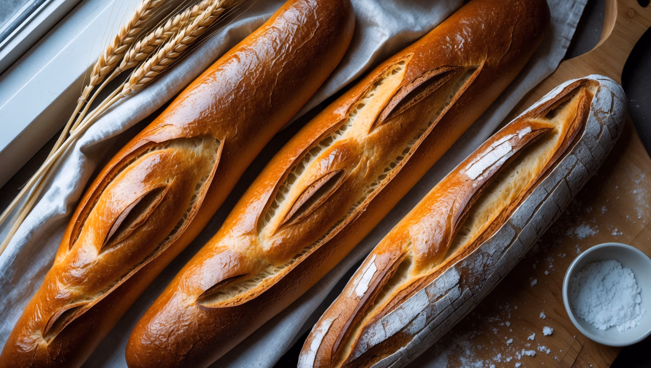 An overhead shot of three golden-brown sourdough baguettes arranged diagonally on a rustic linen cloth dusted with flour. The natural light streaming through a kitchen window highlights the baguettes' deeply caramelized, crackling crusts and signature slashes that have opened beautifully during baking. A cross-section view of one baguette reveals its open, irregular crumb structure with shiny, translucent walls that demonstrate perfect fermentation. Scattered around the composition are a few ears of wheat and a small bowl of flaky sea salt, while a wooden bread board provides textural contrast to the crusty exterior of these artisanal loaves.