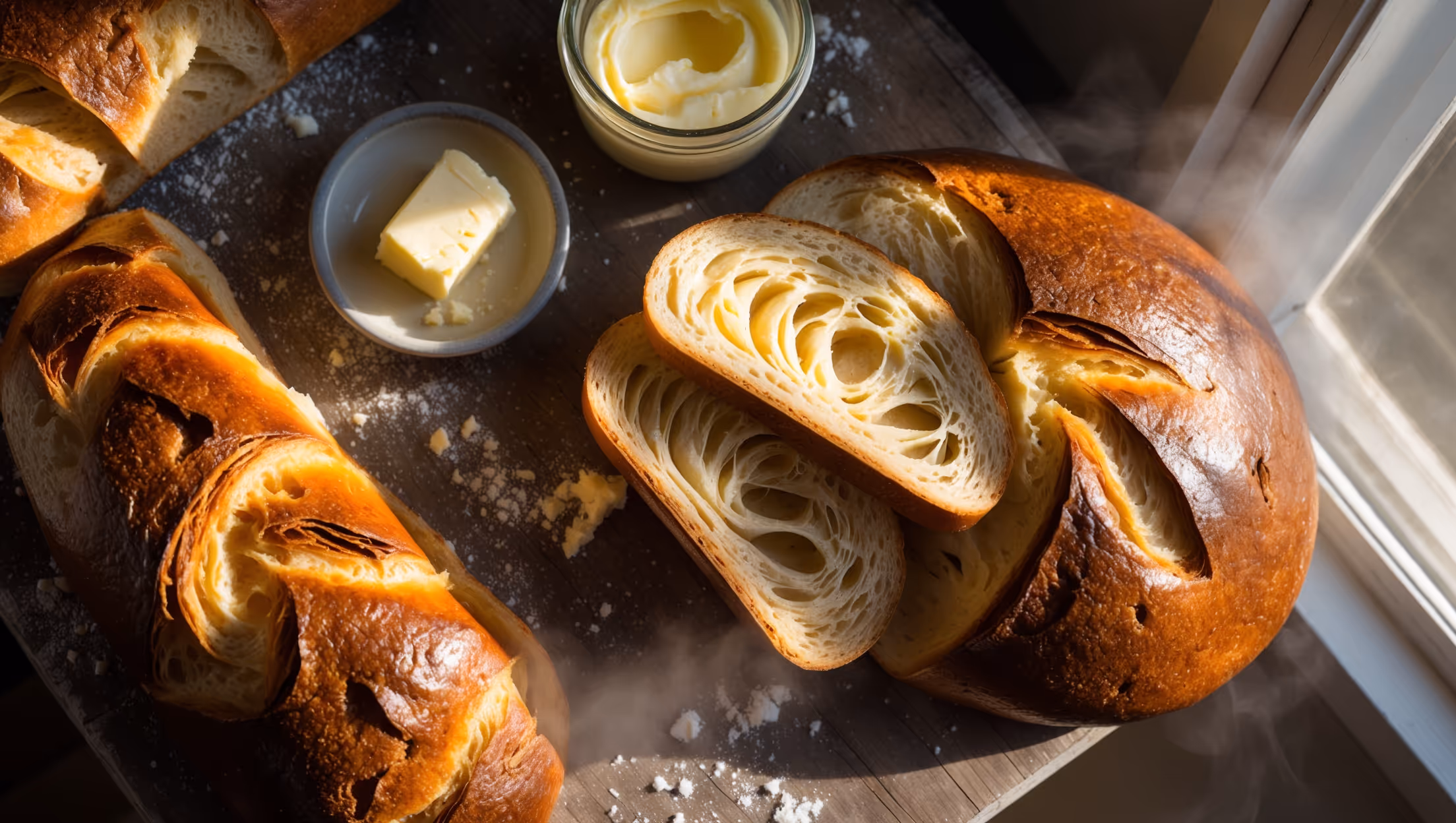 An overhead shot of a golden-brown sourdough brioche loaf with a deeply burnished, glossy top catching the soft morning light streaming through a nearby window. The cross-section reveals a honeycomb of tender, buttery layers with a distinctively yellow crumb that pulls apart in silky, stretchy strands. The loaf rests on a weathered wooden board, accompanied by a small dish of cultured butter and a jar of homemade preserve. A light dusting of flour and a few scattered sourdough starter bubbles decorate the scene, while steam gently rises from the freshly sliced portion, highlighting the bread's warm, yeasty aroma.
