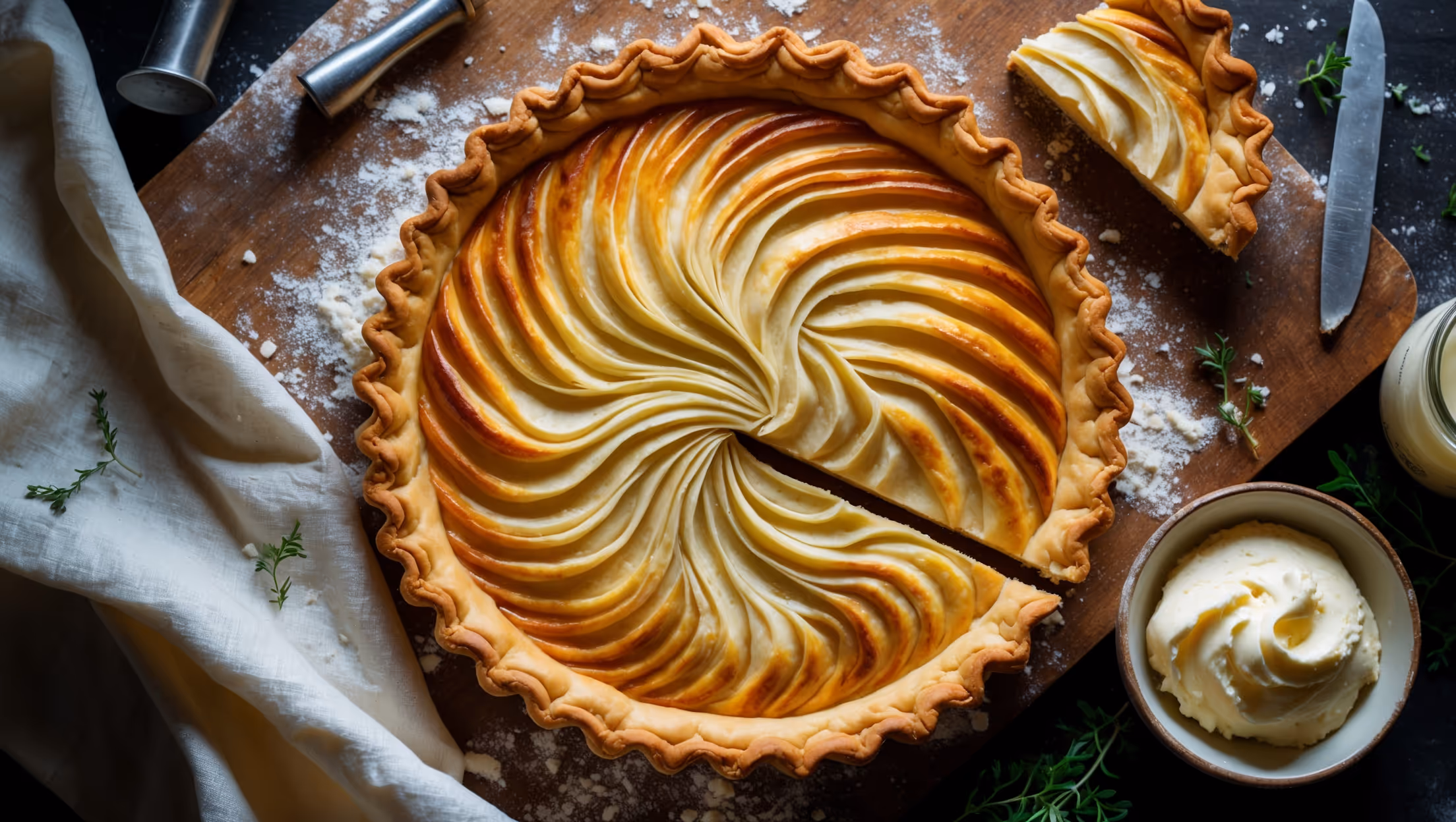 An overhead shot of a golden-brown tart with flaky, laminated shortcrust pastry edges, showcasing the distinctive swirled layers created by the sourdough discard. A dollop of thick, glossy cultured cream sits in a small ceramic bowl alongside slices of the pastry. Soft natural light streams across the scene, highlighting the subtle texture variations in the crust. The setup features a rustic wooden board dusted with flour, scattered with a few sprigs of fresh herbs for color contrast. A vintage pastry cutter and small jar of sourdough starter sit in the background, hinting at the artisanal process.