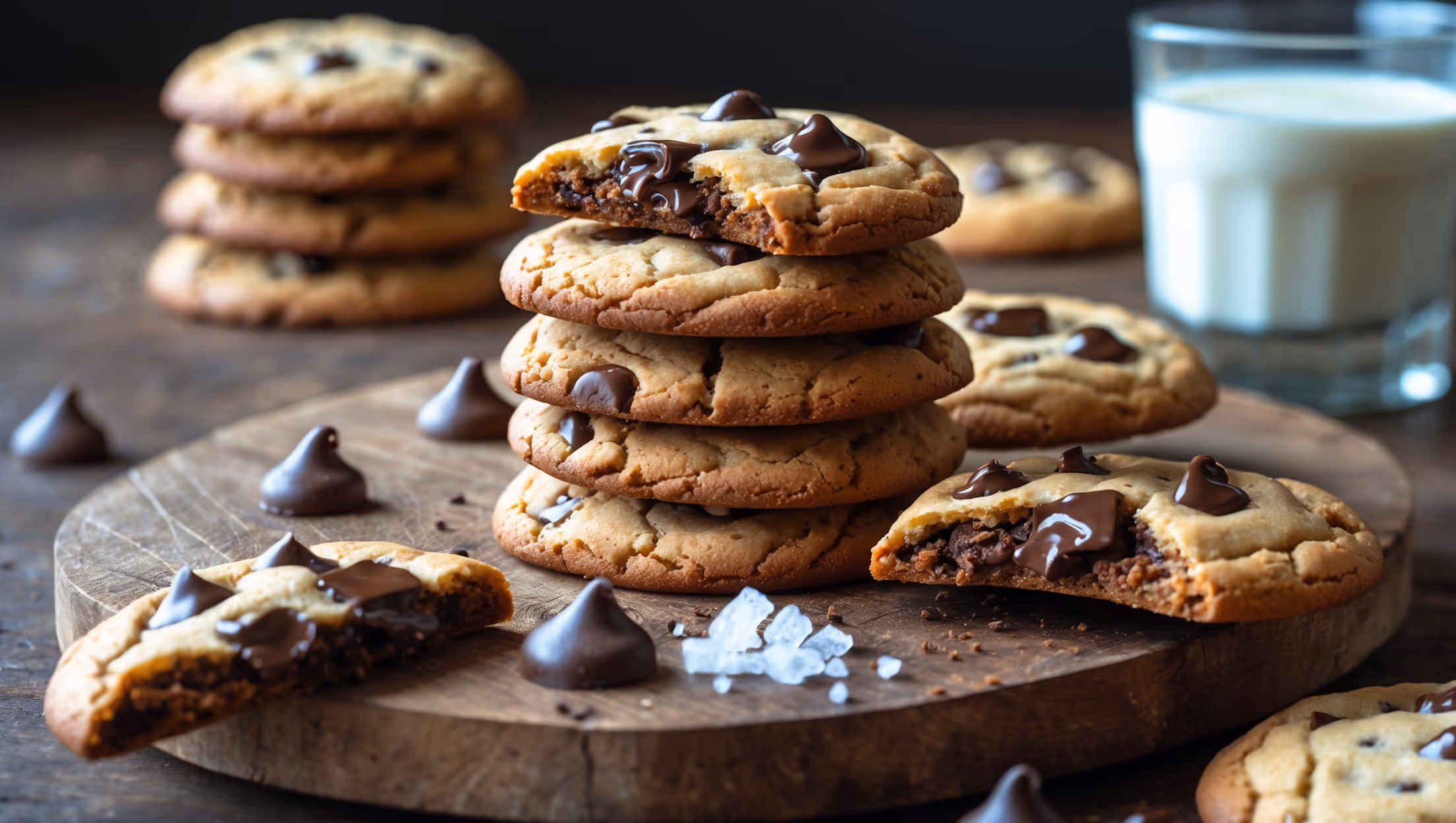 A rustic wooden board showcases a stack of golden-brown sourdough chocolate chip cookies under soft natural light, highlighting their perfectly crackled tops and molten chocolate chunks. Several cookies are artfully broken open to reveal their soft, chewy interiors studded with melted chocolate. Scattered around the composition are a few whole chocolate chunks, a pinch of flaky sea salt, and a small jar of sourdough starter, suggesting the recipe's signature fermentation. In the background, a glass of milk sits slightly out of focus, emphasizing the cookies' homemade comfort and inviting texture.