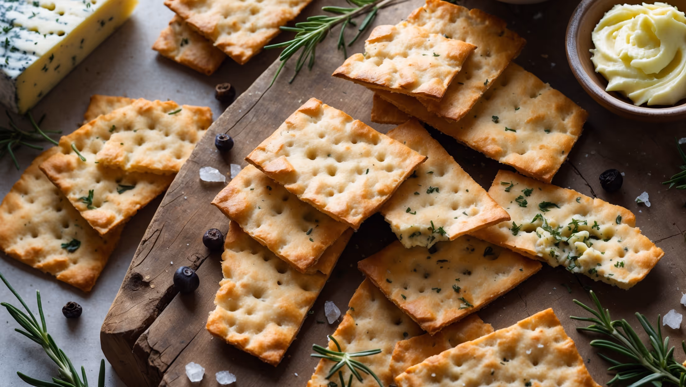 Overhead shot of irregularly shaped, golden-brown sourdough crackers arranged in a casual pile on a rustic wooden board, with visible flecks of herbs and sea salt crystals catching the soft natural light. A cross-section view reveals the crackers' delicate internal structure with tiny air pockets throughout. Several crackers are propped against a small ceramic bowl of whipped herb butter, while others are broken to showcase their satisfying snap. A scattering of rosemary sprigs, black peppercorns, and a partial wedge of aged cheese create visual interest around the composition, with the warm afternoon light highlighting the crackers' crisp edges and varied textures.