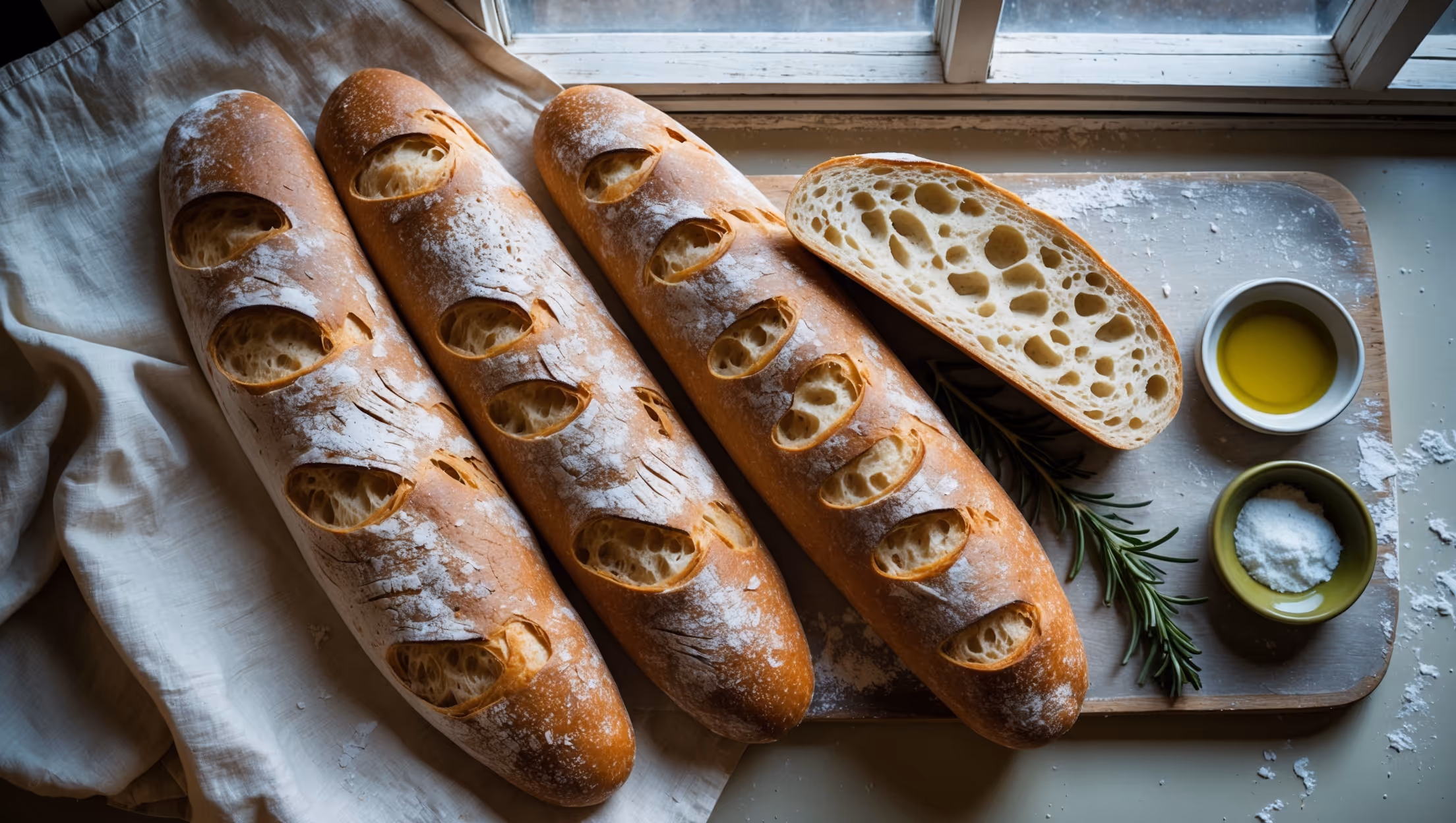 An overhead shot of oblong sourdough ciabatta loaves resting on a flour-dusted linen cloth, with one loaf torn open to reveal the signature open, irregular crumb structure. The crust has a beautiful golden-brown color with characteristic dimples and flour dustings, captured in soft afternoon light streaming through a kitchen window. A cross-section view highlights the honeycomb-like interior with its glistening, translucent cell walls that showcase proper gluten development. Small dishes of olive oil and sea salt sit beside the bread on a weathered wooden board, with fresh rosemary sprigs adding color contrast and suggesting serving possibilities.