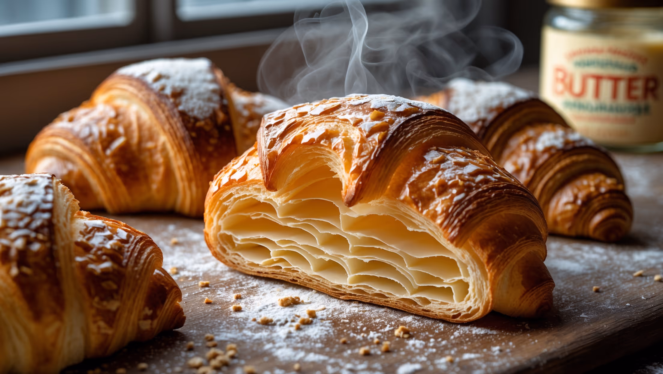 A close-up cross-section shot of a sourdough croissant revealing its intricate honeycomb structure of buttery layers under soft natural window light. The exterior is deeply golden-brown with a shatteringly crisp appearance, while scattered flour dusts the rustic wooden board beneath. Several whole croissants sit nearby, their curved shapes displaying perfect lamination with visible layers. Steam gently rises from a freshly torn pastry, highlighting its warm, yeasty aroma. In the background, subtle hints of the sourdough starter jar and butter wrapper remind viewers of the artisanal process behind these French-meets-fermentation pastries.