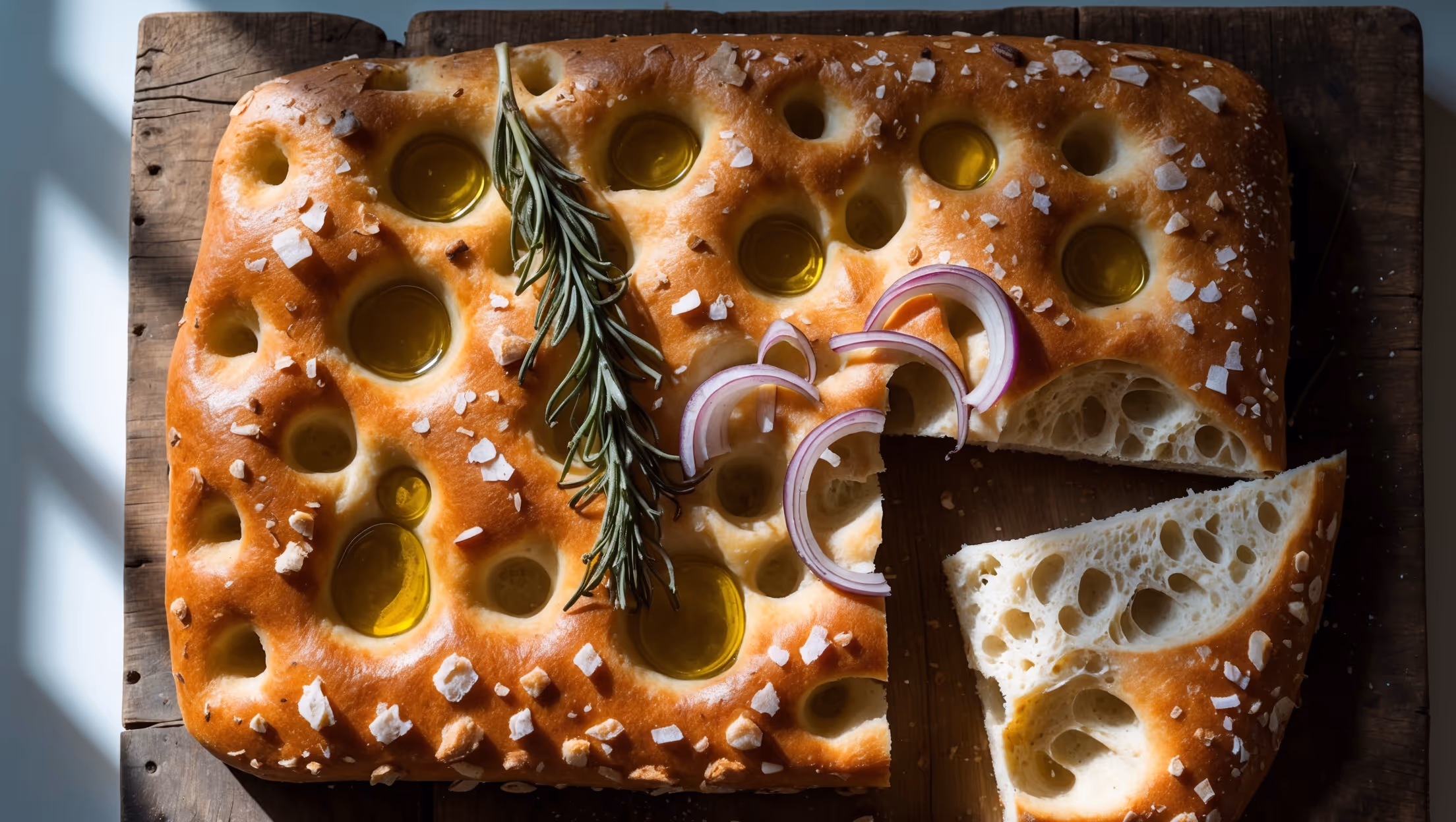 An overhead shot of a golden-brown rectangular sourdough focaccia on a rustic wooden board, bathed in soft natural light streaming through a kitchen window. The bread's surface displays characteristic dimples filled with glistening pools of olive oil and flecks of flaky sea salt that catch the light. Fresh rosemary sprigs and thinly sliced red onions are artfully arranged on top, partially baked into the chewy, open-crumbed interior visible from a corner slice that's been pulled away. The focaccia's edges are beautifully caramelized, contrasting with the paler interior revealed in the cross-section, showing the signature airy pockets created by proper fermentation.