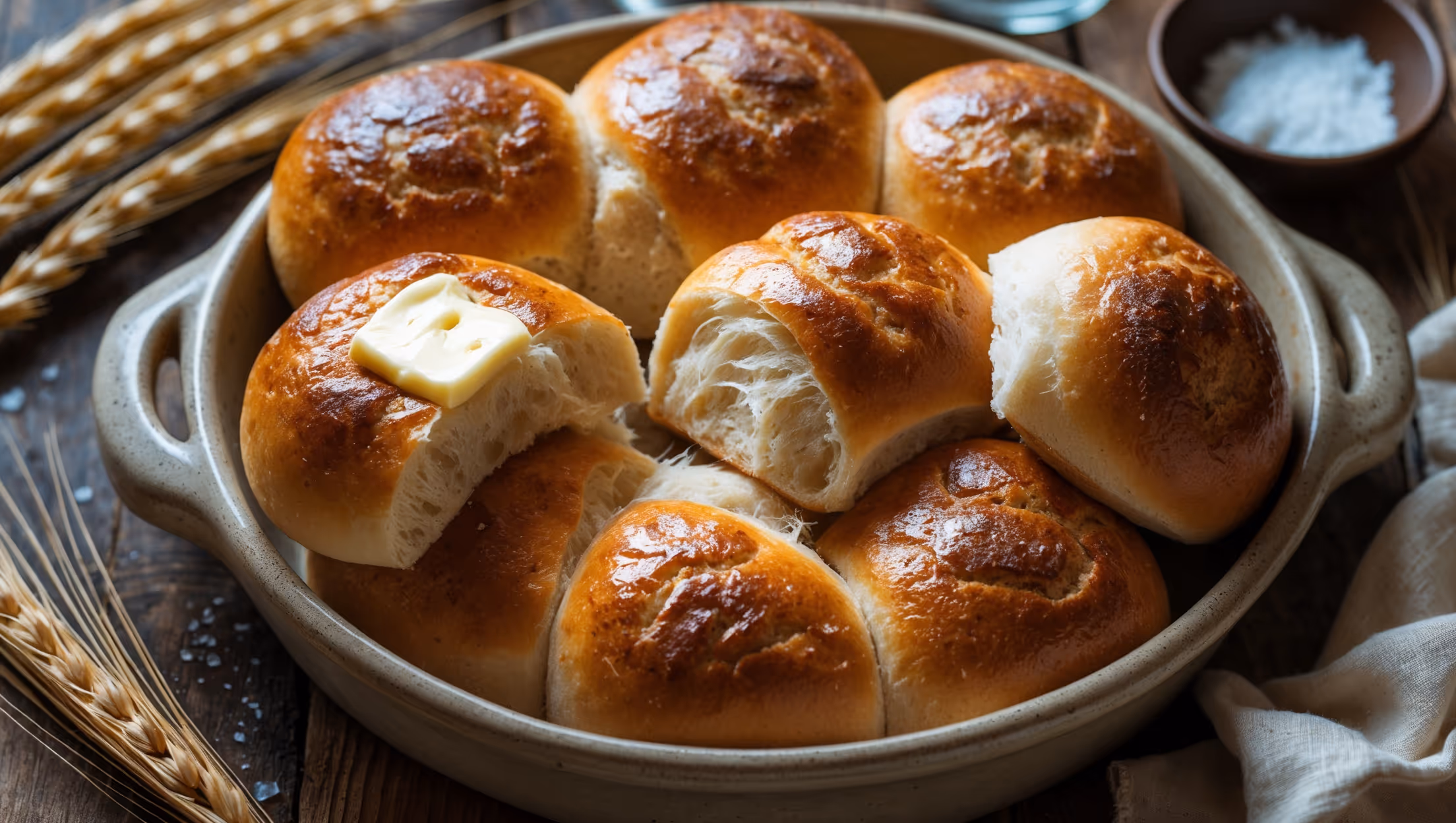Close-up of golden-brown sourdough dinner rolls arranged in a rustic stoneware dish, captured in soft natural light that highlights their crackly tops and pillowy texture. Several rolls are broken open to reveal a tender, airy interior with visible fermentation bubbles and stretchy gluten structure. A pat of melting butter glistens on one torn roll, with a sprinkle of flaky sea salt catching the light. Surrounding the dish are scattered wheat stalks, a small bowl of flaky salt, and a linen napkin, all arranged on a weathered wooden table that complements the artisanal nature of the sourdough baking process.