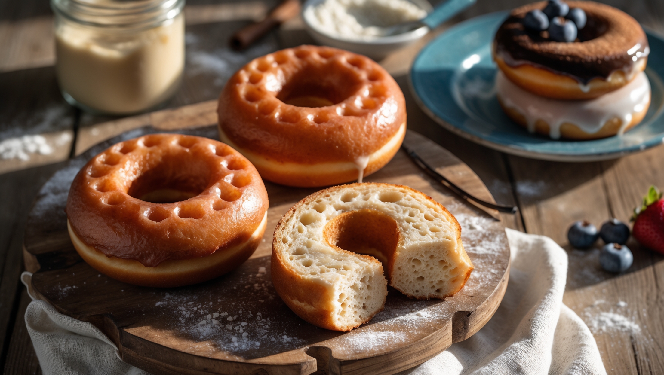 A top-down view showcases a rustic wooden board displaying three perfectly golden-brown sourdough donuts with visible air pockets and texture. One donut is sliced in half, revealing its soft, airy interior with characteristic sourdough honeycomb structure. Soft natural morning light casts gentle shadows, highlighting the glossy vanilla glaze that drips appealingly down the sides, with tiny flecks of vanilla bean visible. In the background, scattered ingredients—a jar of sourdough starter, a dusting of flour, and fresh berries—add context and color. A vintage blue ceramic plate holds additional donuts with varied toppings including cinnamon sugar and chocolate glaze, demonstrating versatility.