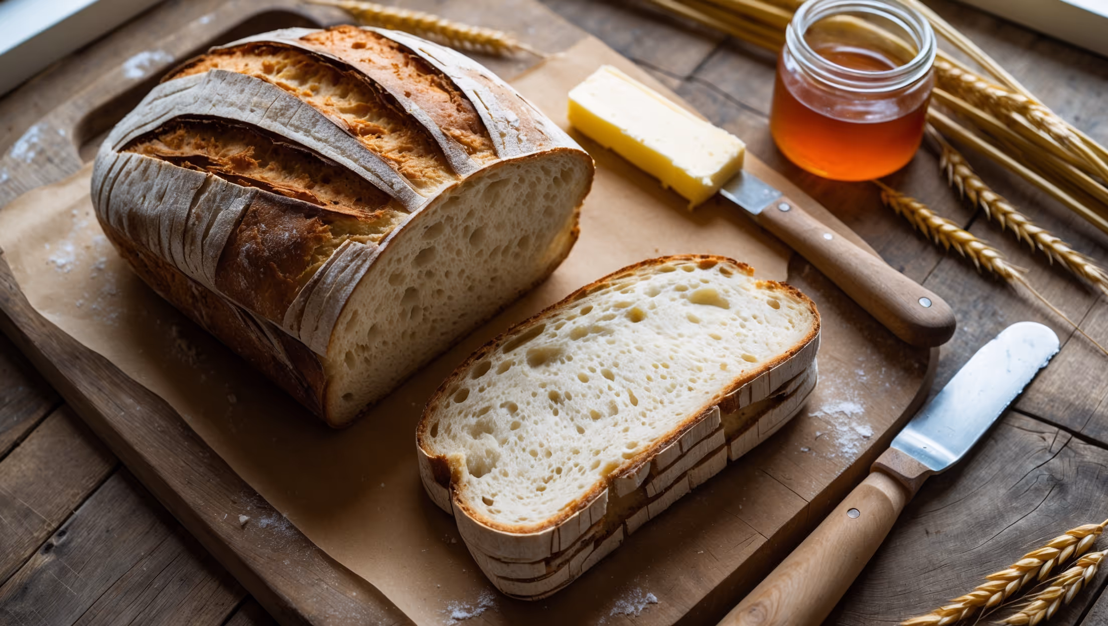 An overhead shot of a perfectly baked sourdough sandwich loaf resting on a rustic wooden cutting board, with one thick slice partially cut to reveal the soft, even crumb structure inside. Natural window light highlights the loaf's golden-brown crust with its characteristic splits along the top. Beside the bread sits a butter knife with a smear of salted butter, a small jar of honey, and scattered wheat stalks creating visual context. The bread's sturdy but tender interior shows a creamy white color with small, even air pockets throughout—hallmarks of a properly fermented sandwich-style sourdough.